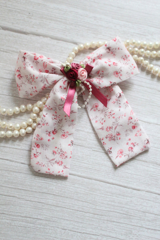 Pink Vintage Floral Fabric Hair Bow