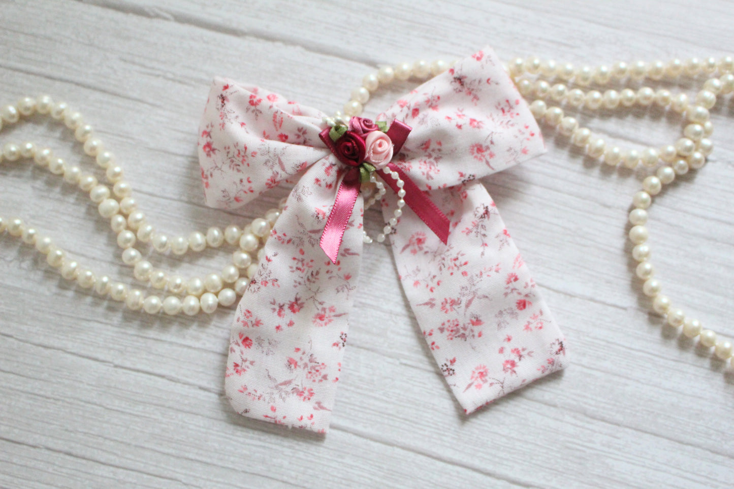 Pink Vintage Floral Fabric Hair Bow