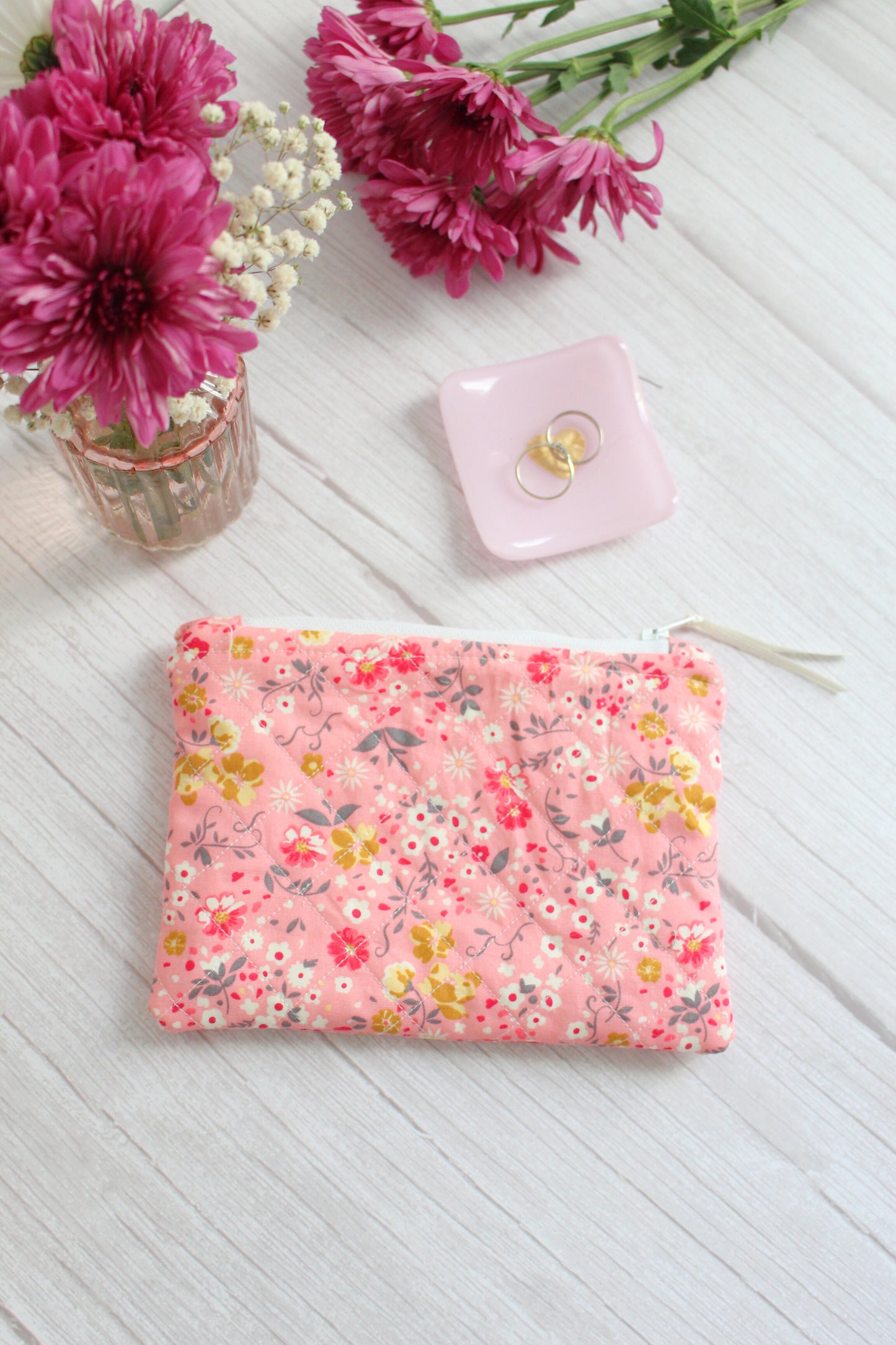 Pink Floral Quilted Zip Pouch