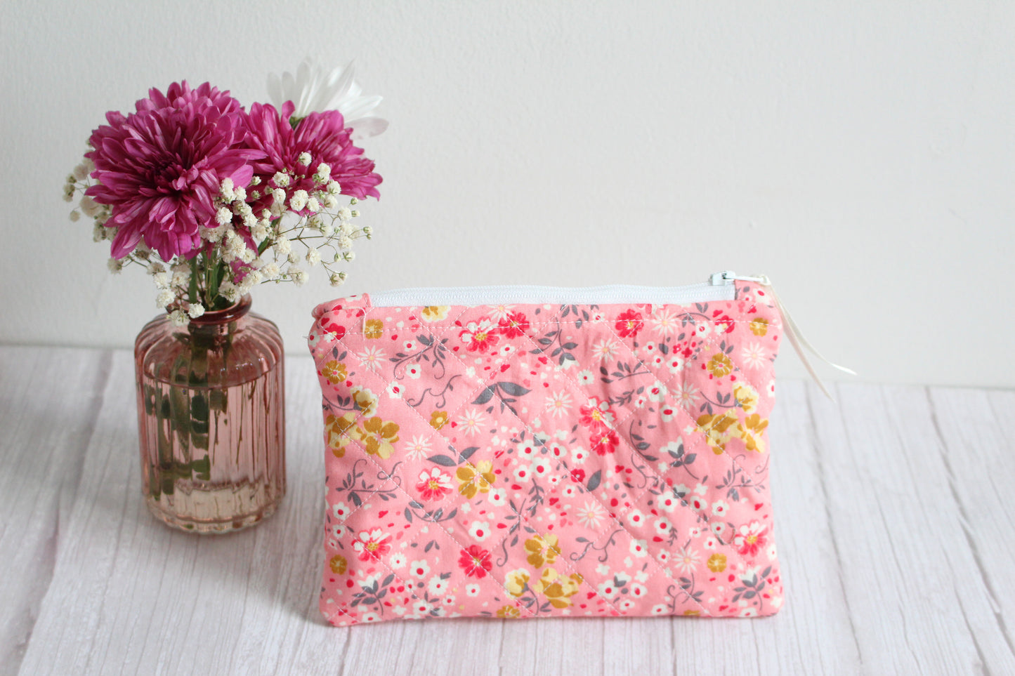 Pink Floral Quilted Zip Pouch
