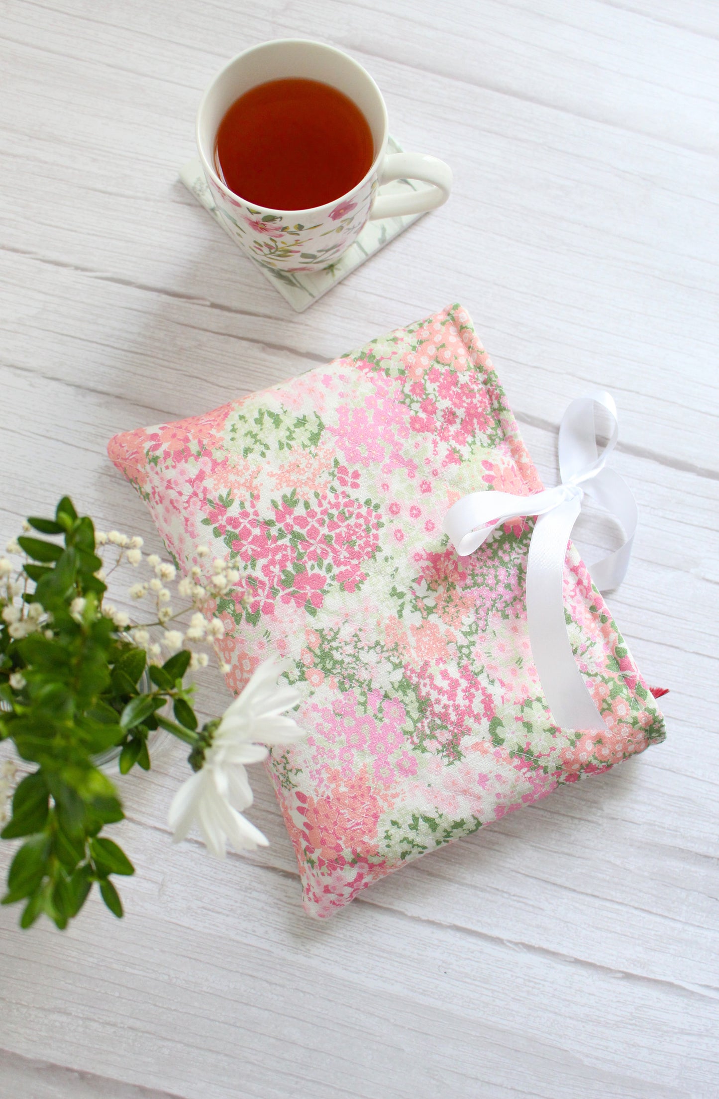 Pink Floral Fabric Quilted Book Sleeve with White Ribbon Closure