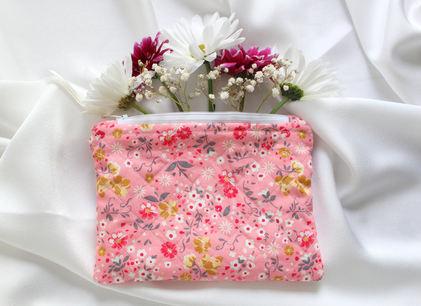 Pink Floral Quilted Zip Pouch
