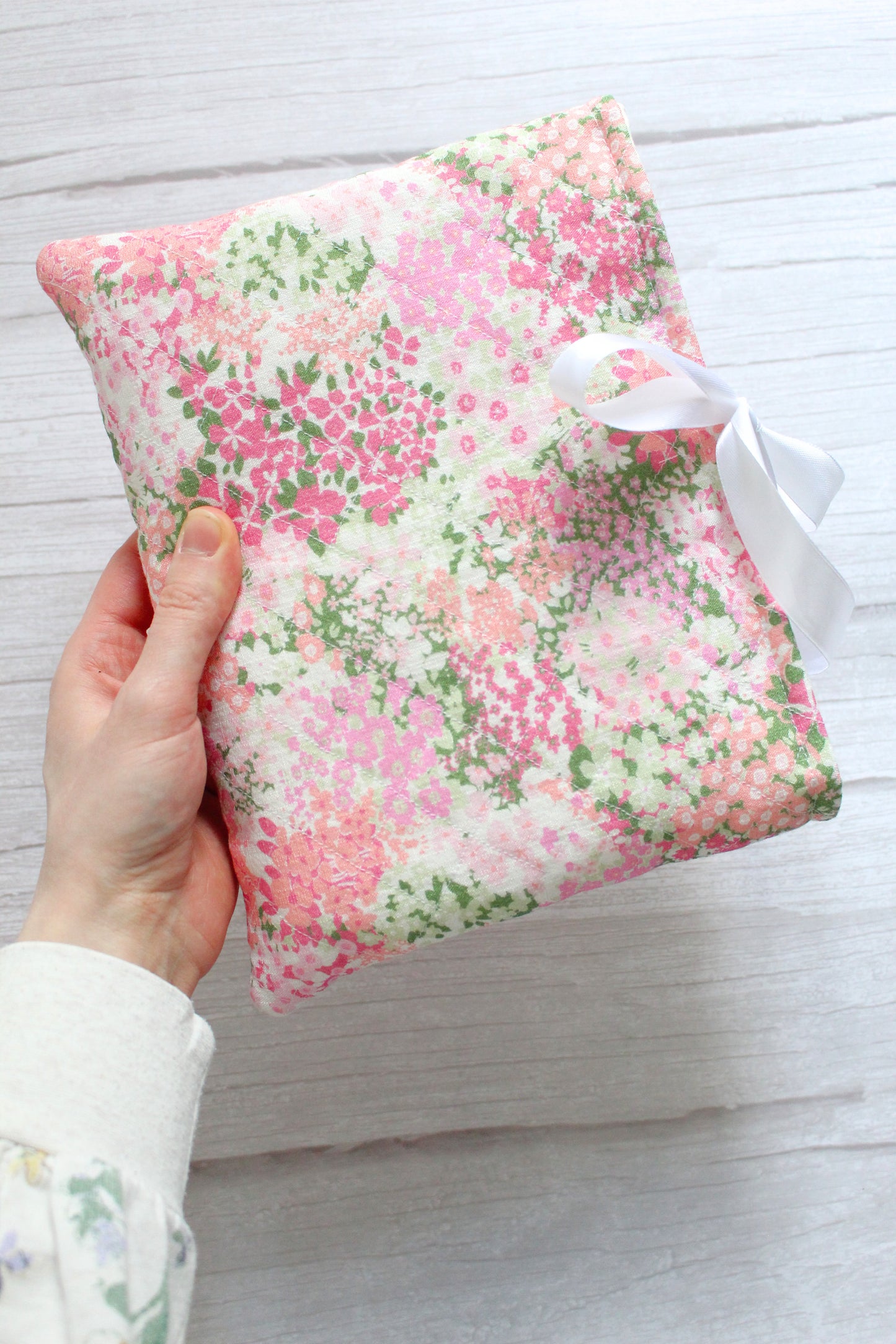 Pink Floral Fabric Quilted Book Sleeve with White Ribbon Closure