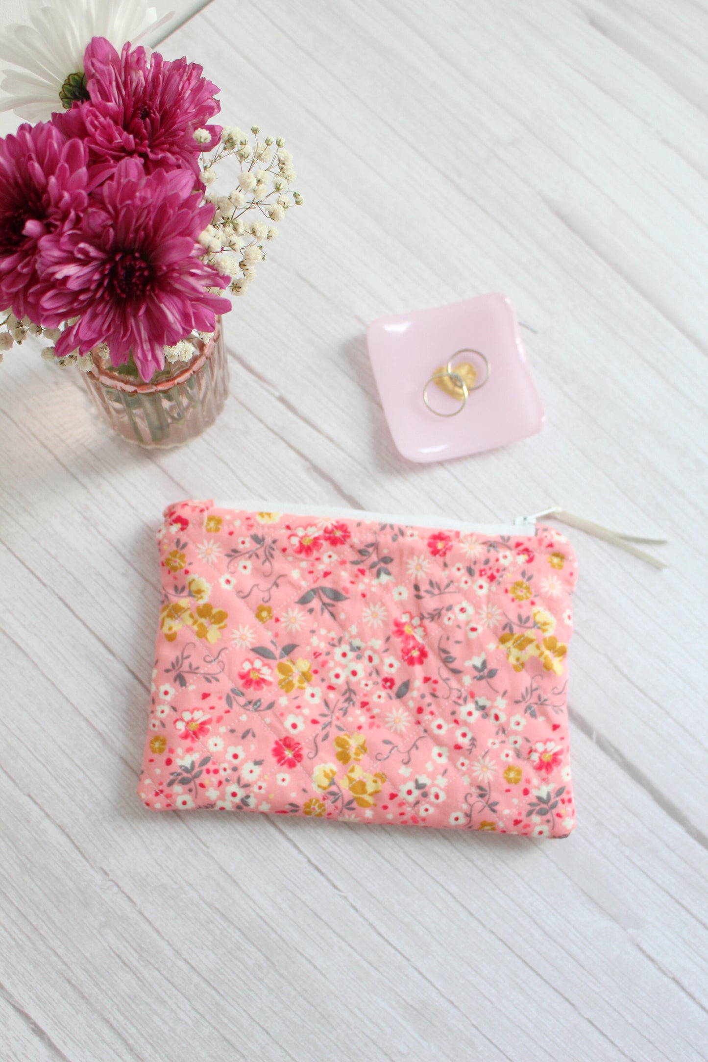 Pink Floral Quilted Zip Pouch