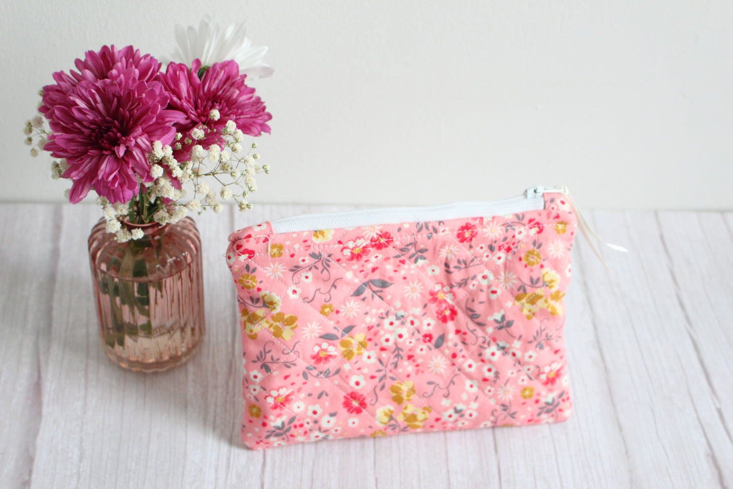 Pink Floral Quilted Zip Pouch