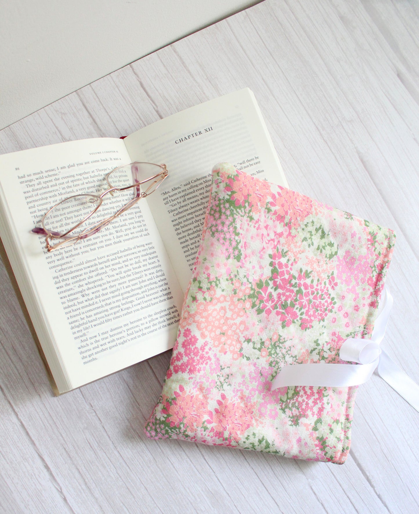 Pink Floral Fabric Quilted Book Sleeve with White Ribbon Closure