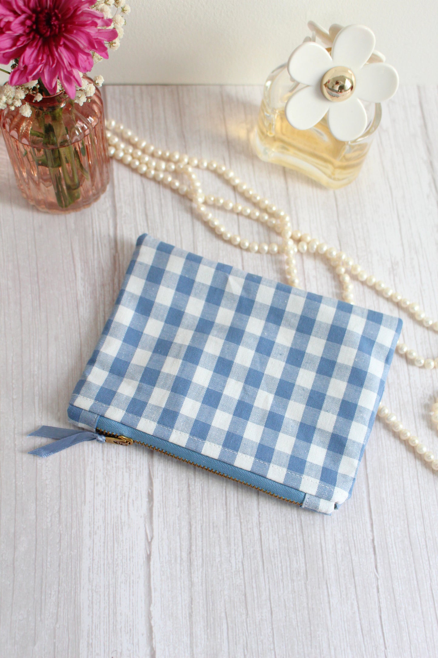 Blue & White Gingham Zip Pouch