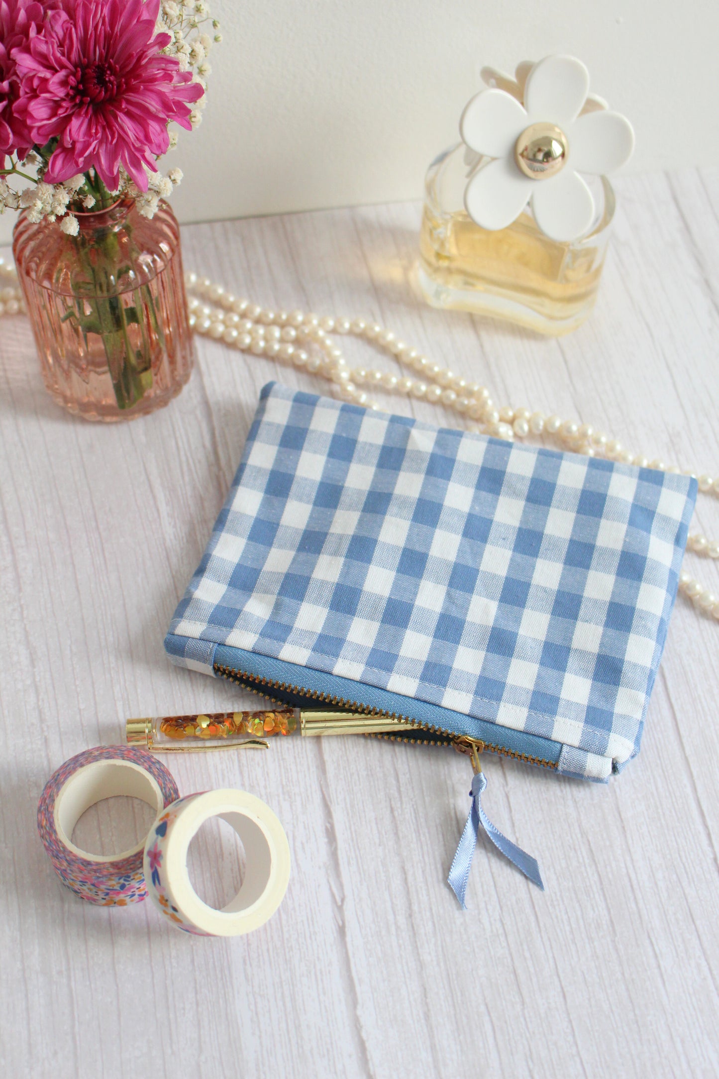 Blue & White Gingham Zip Pouch