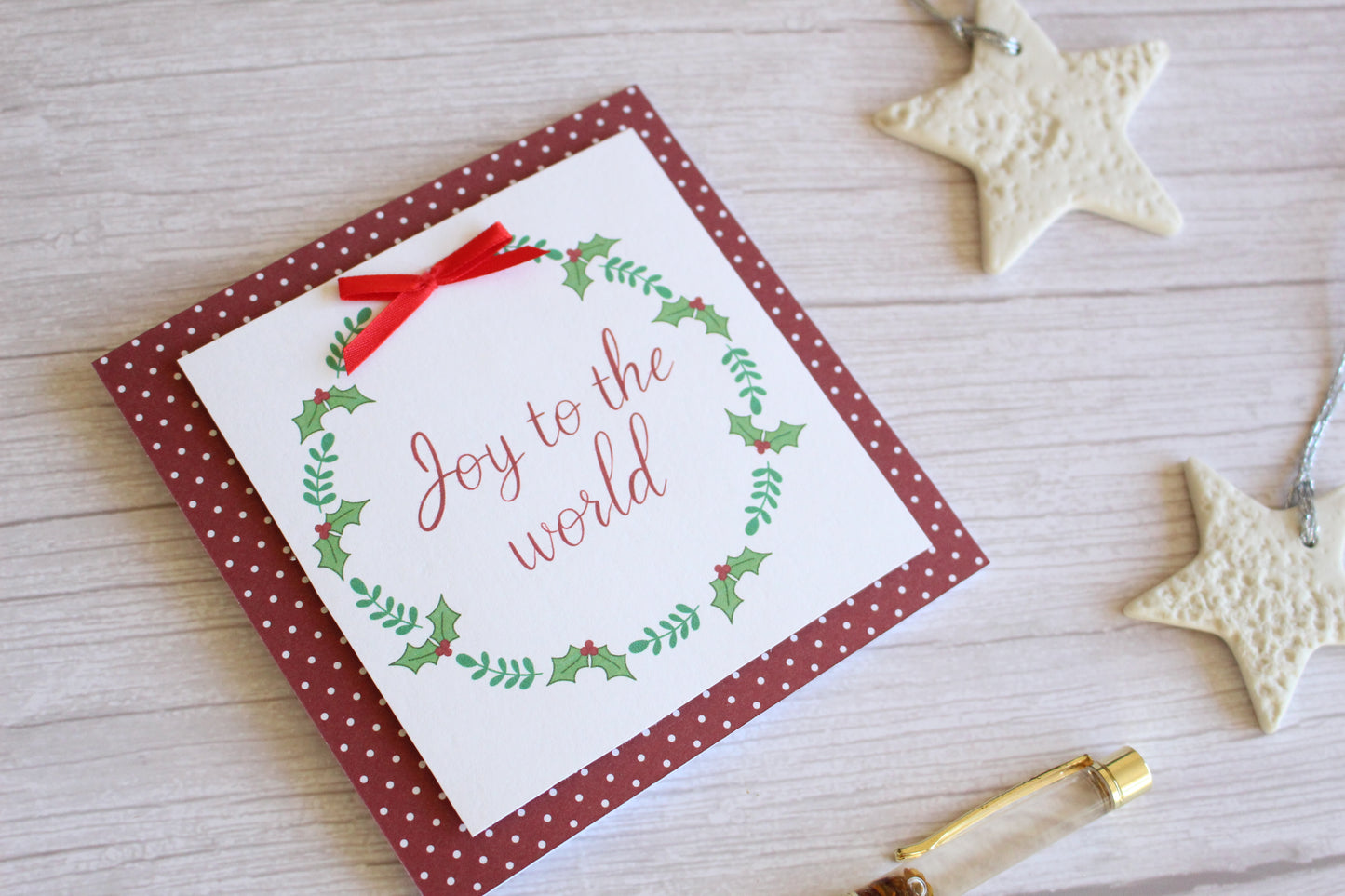 Handmade Christmas Card - Holly Wreath on Polka Dot Background