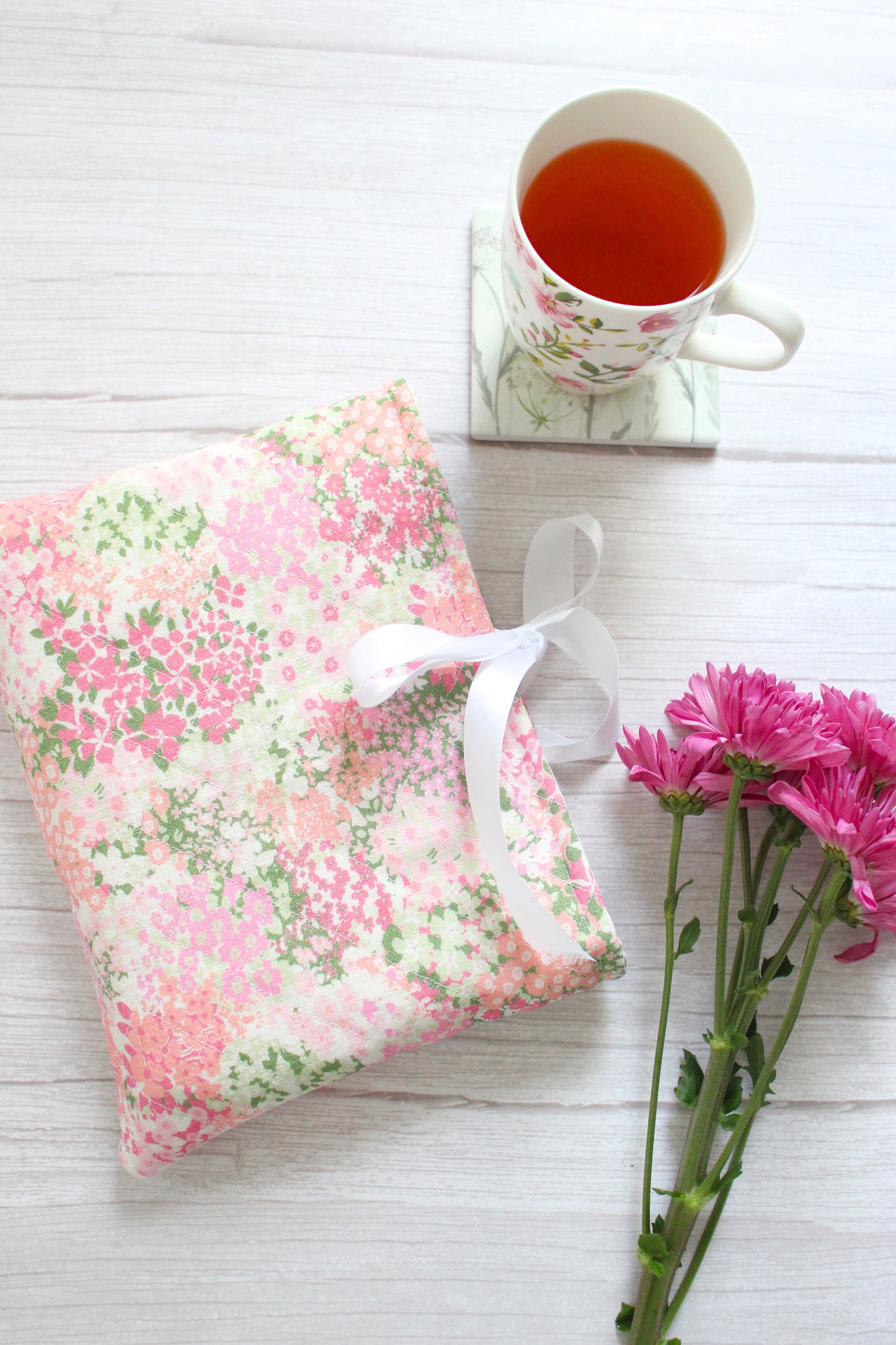 Pink Floral Fabric Quilted Book Sleeve with White Ribbon Closure