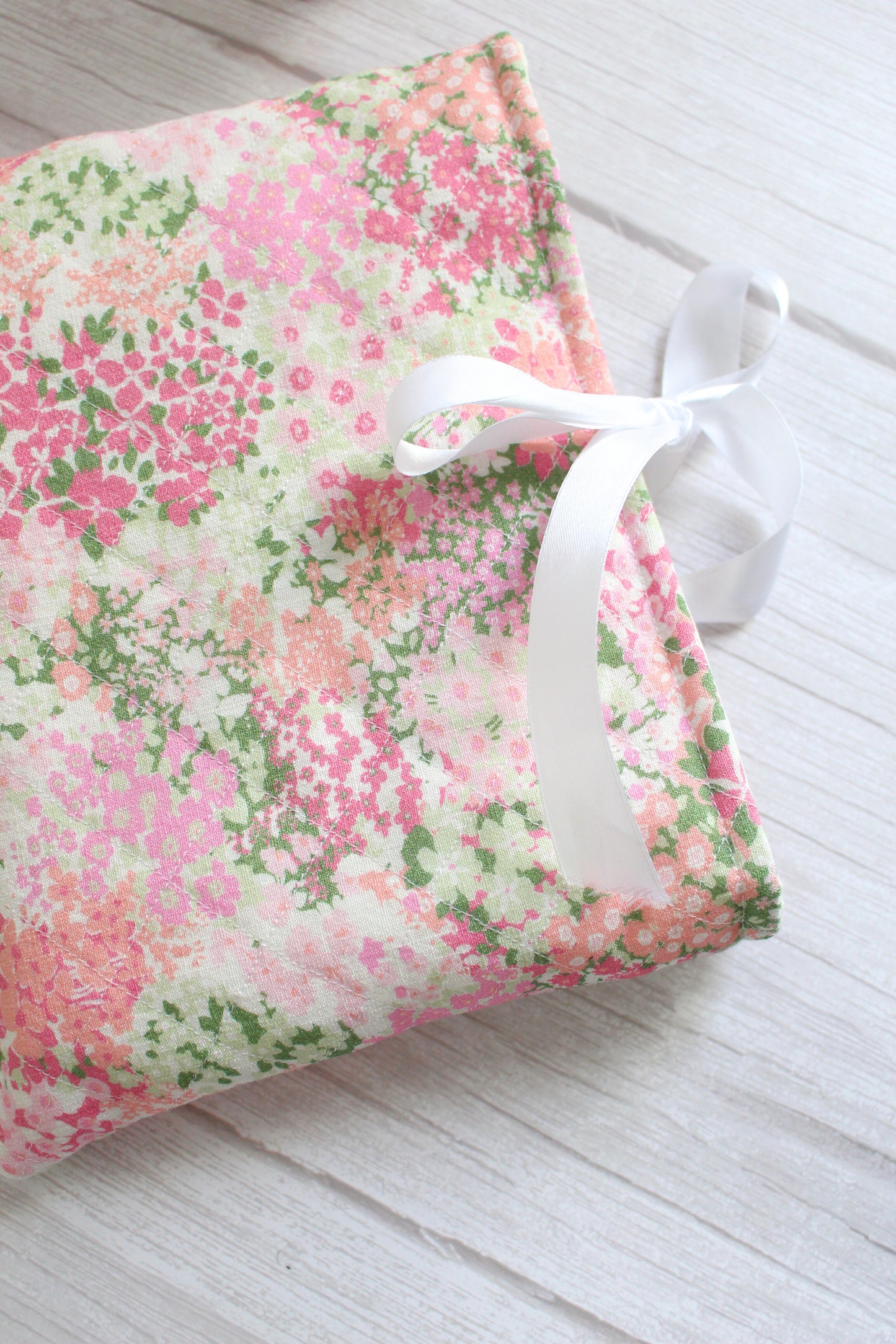 Pink Floral Fabric Quilted Book Sleeve with White Ribbon Closure