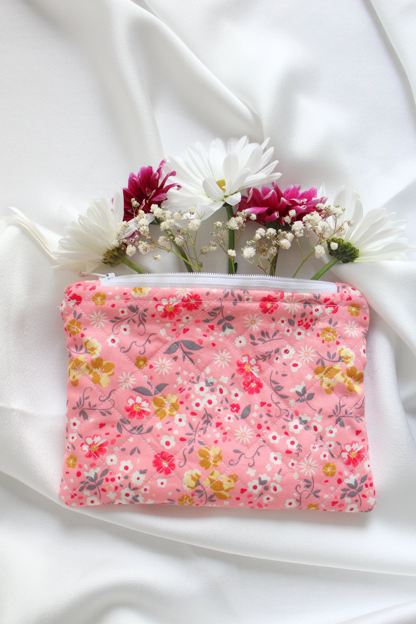 Pink Floral Quilted Zip Pouch