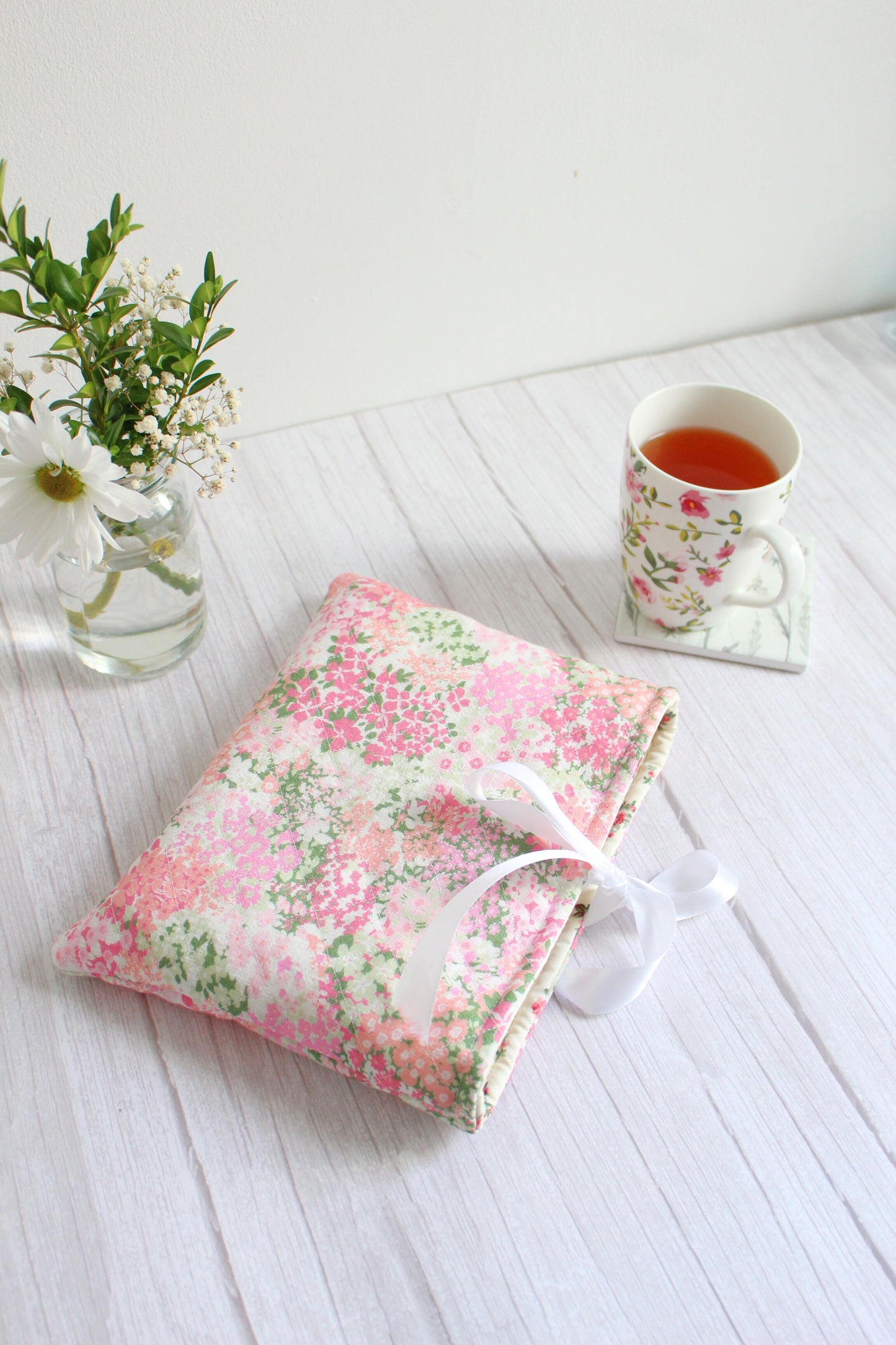 Pink Floral Fabric Quilted Book Sleeve with White Ribbon Closure