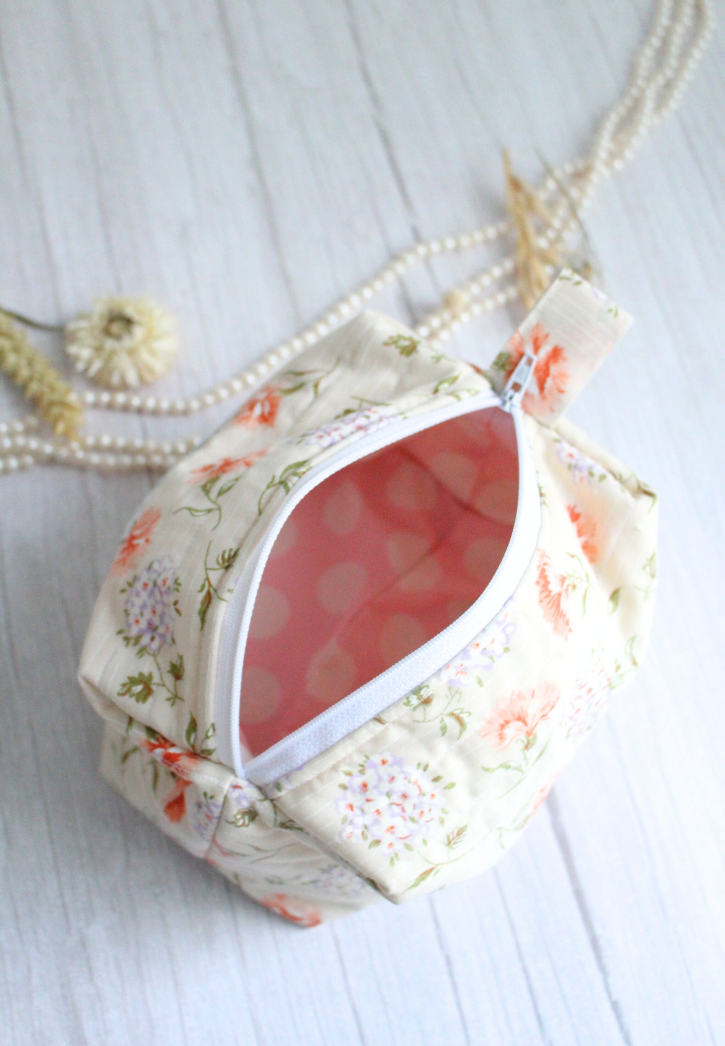 Miriam Quilted Zip Bag - Carnation & Hydrangea Cream Fabric