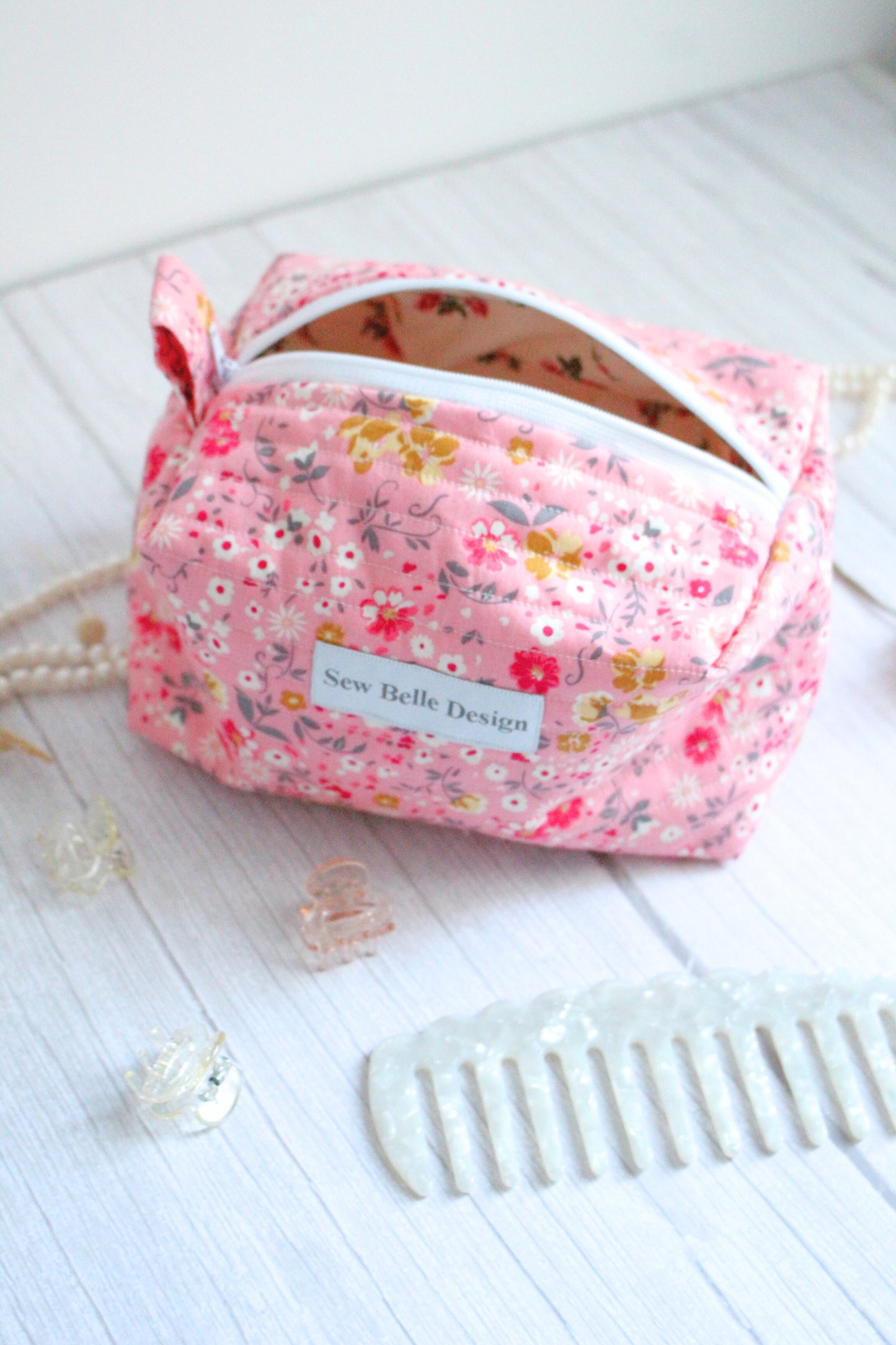 Miriam Quilted Zip Bag - Pink Floral Pattern