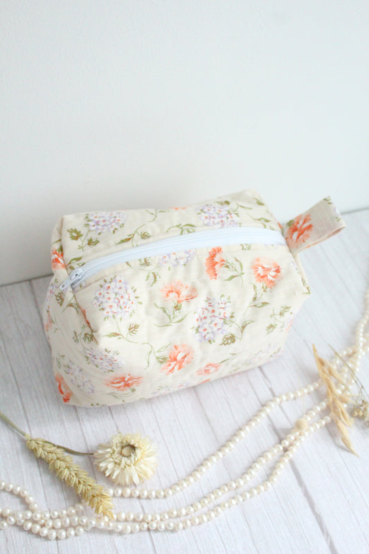 Miriam Quilted Zip Bag - Carnation & Hydrangea Cream Fabric