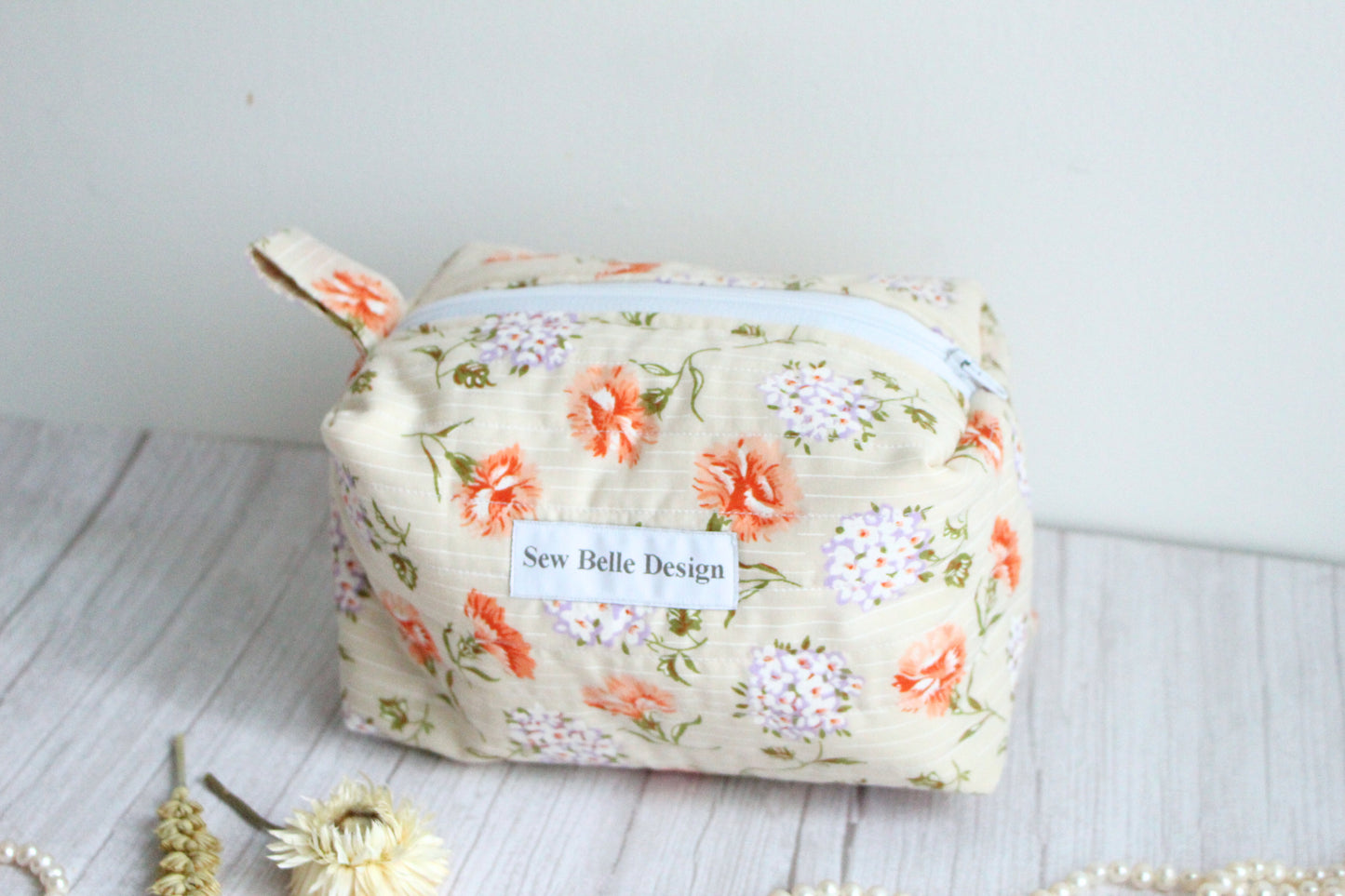 Miriam Quilted Zip Bag - Carnation & Hydrangea Cream Fabric