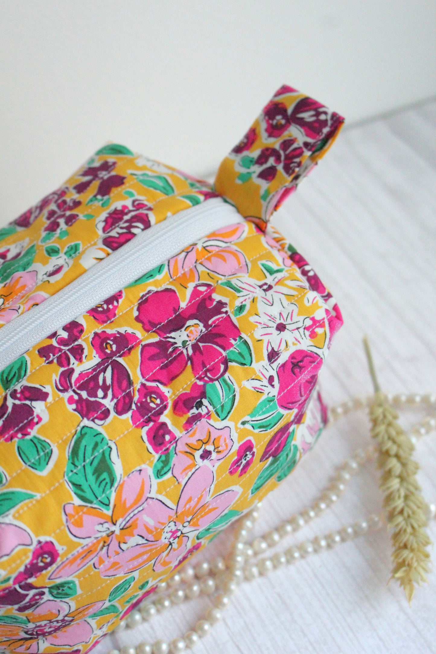 Miriam Quilted Zip Bag - Yellow Floral Pattern