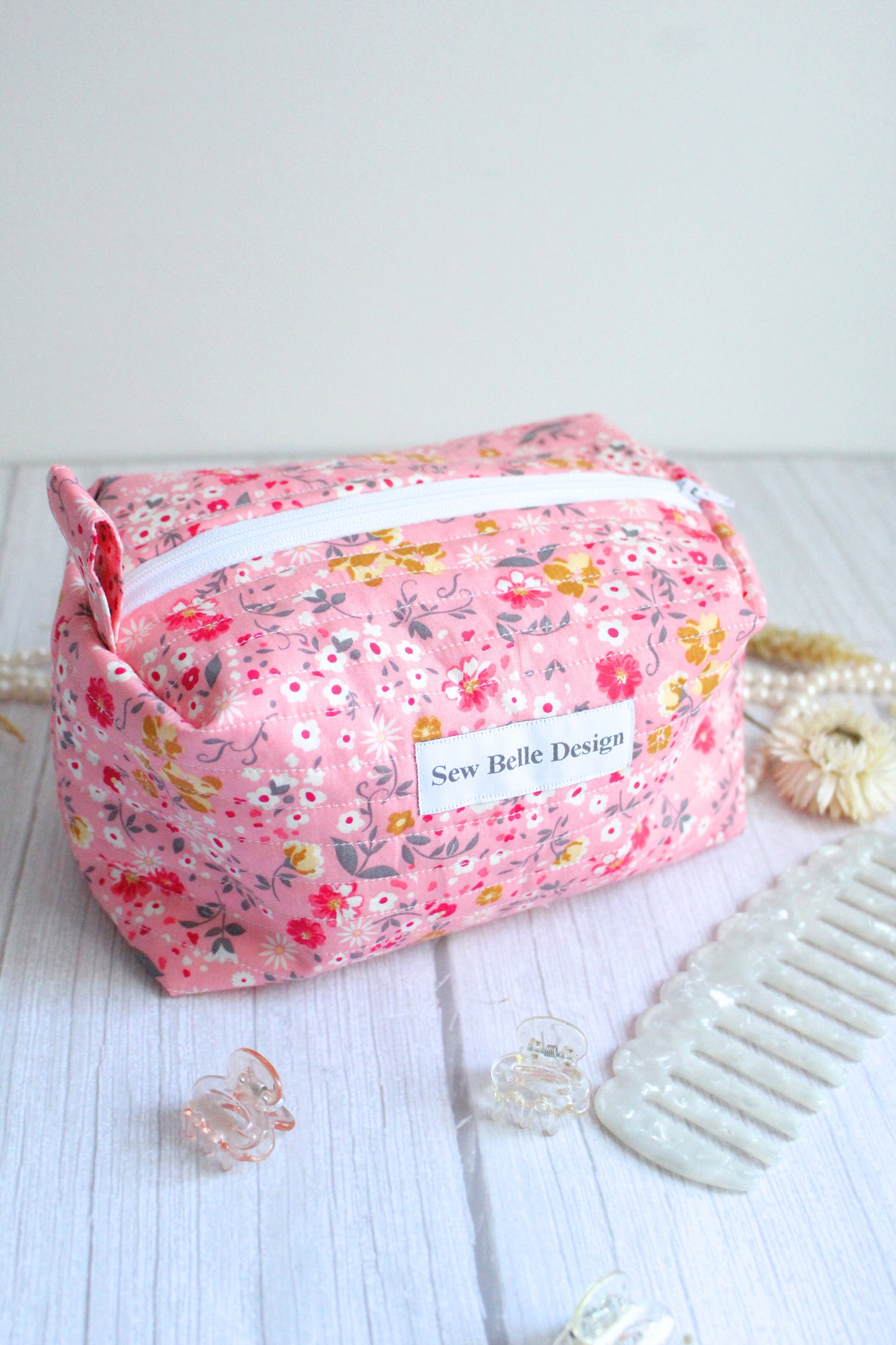 Miriam Quilted Zip Bag - Pink Floral Pattern