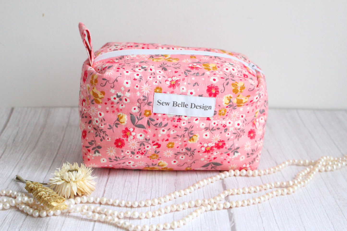 Miriam Quilted Zip Bag - Pink Floral Pattern