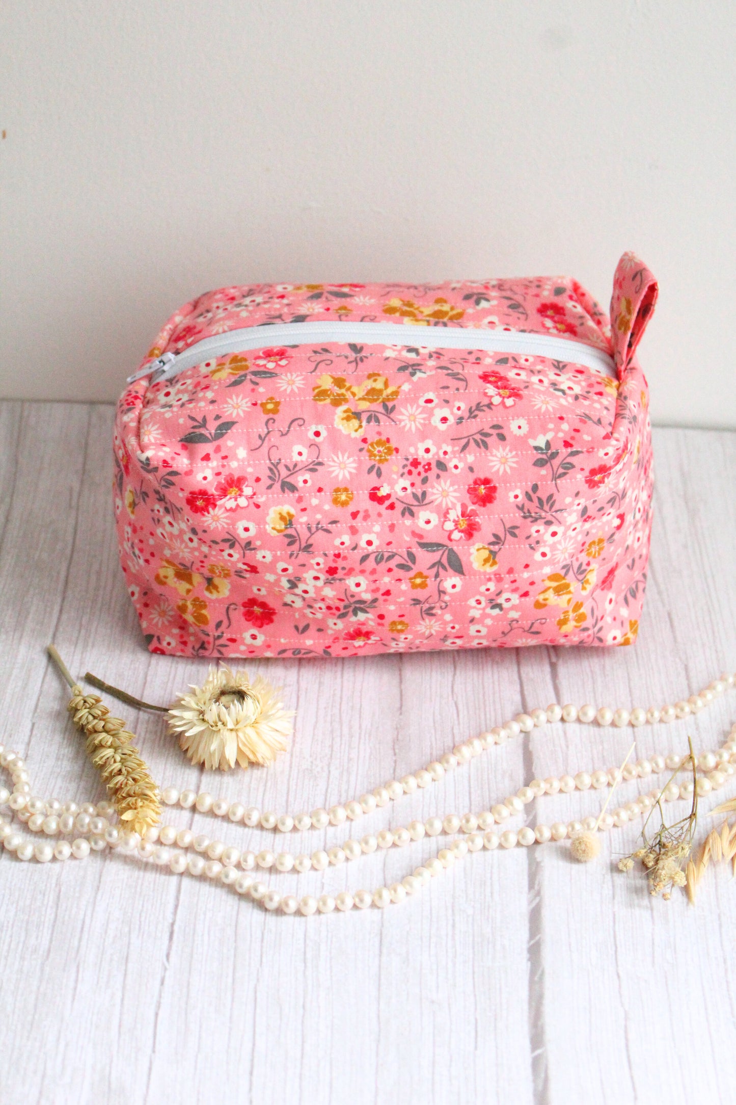 Miriam Quilted Zip Bag - Pink Floral Pattern