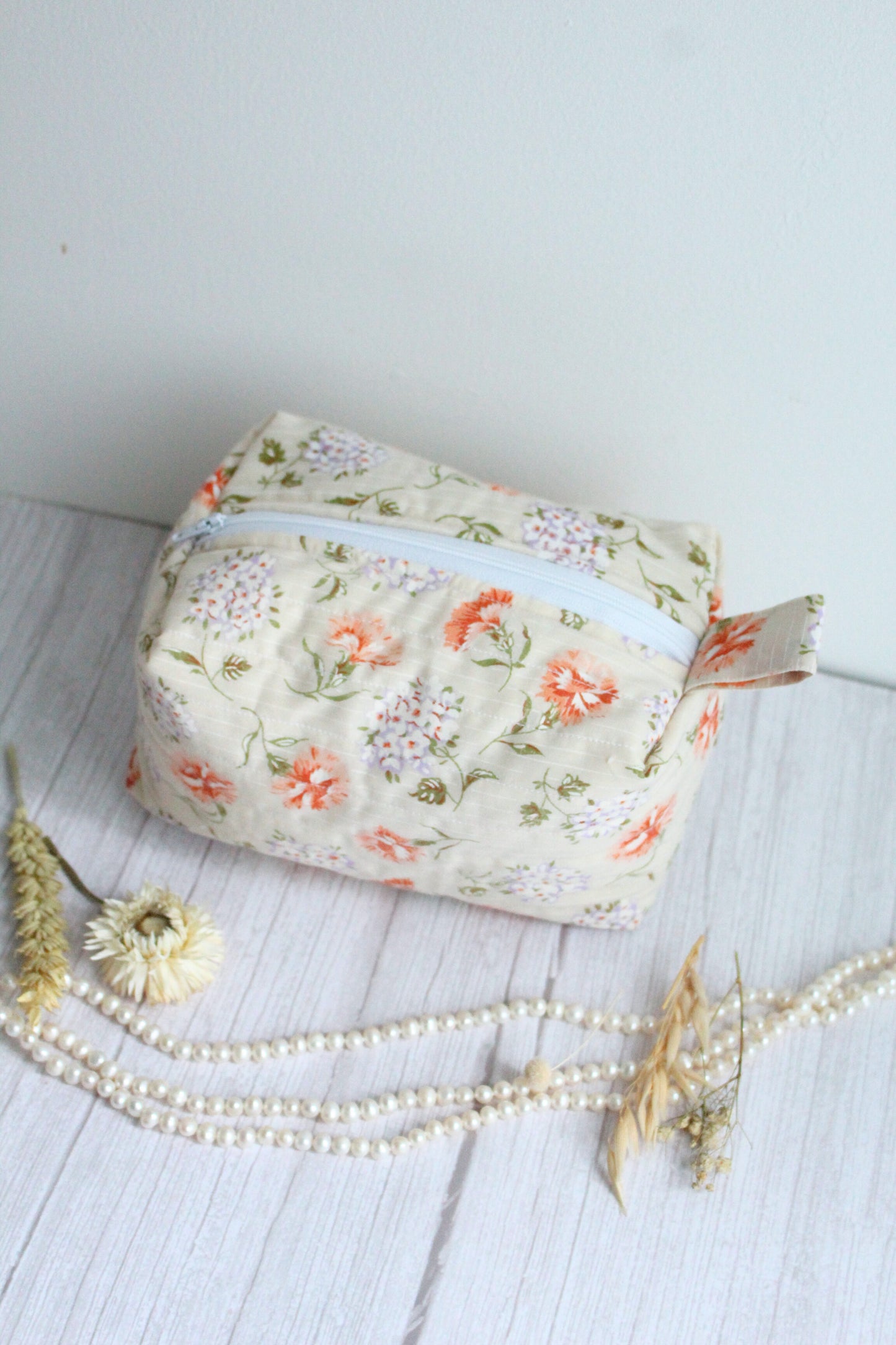 Miriam Quilted Zip Bag - Carnation & Hydrangea Cream Fabric