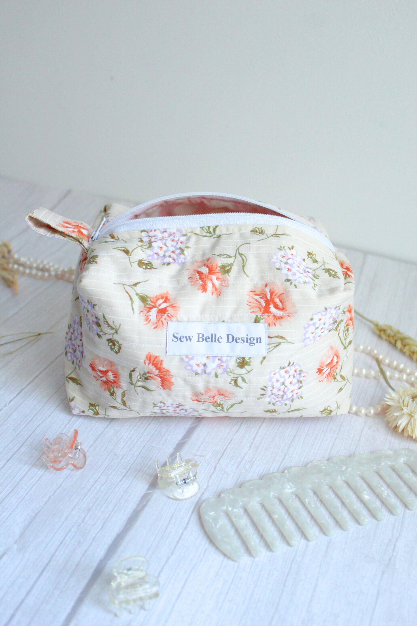 Miriam Quilted Zip Bag - Carnation & Hydrangea Cream Fabric