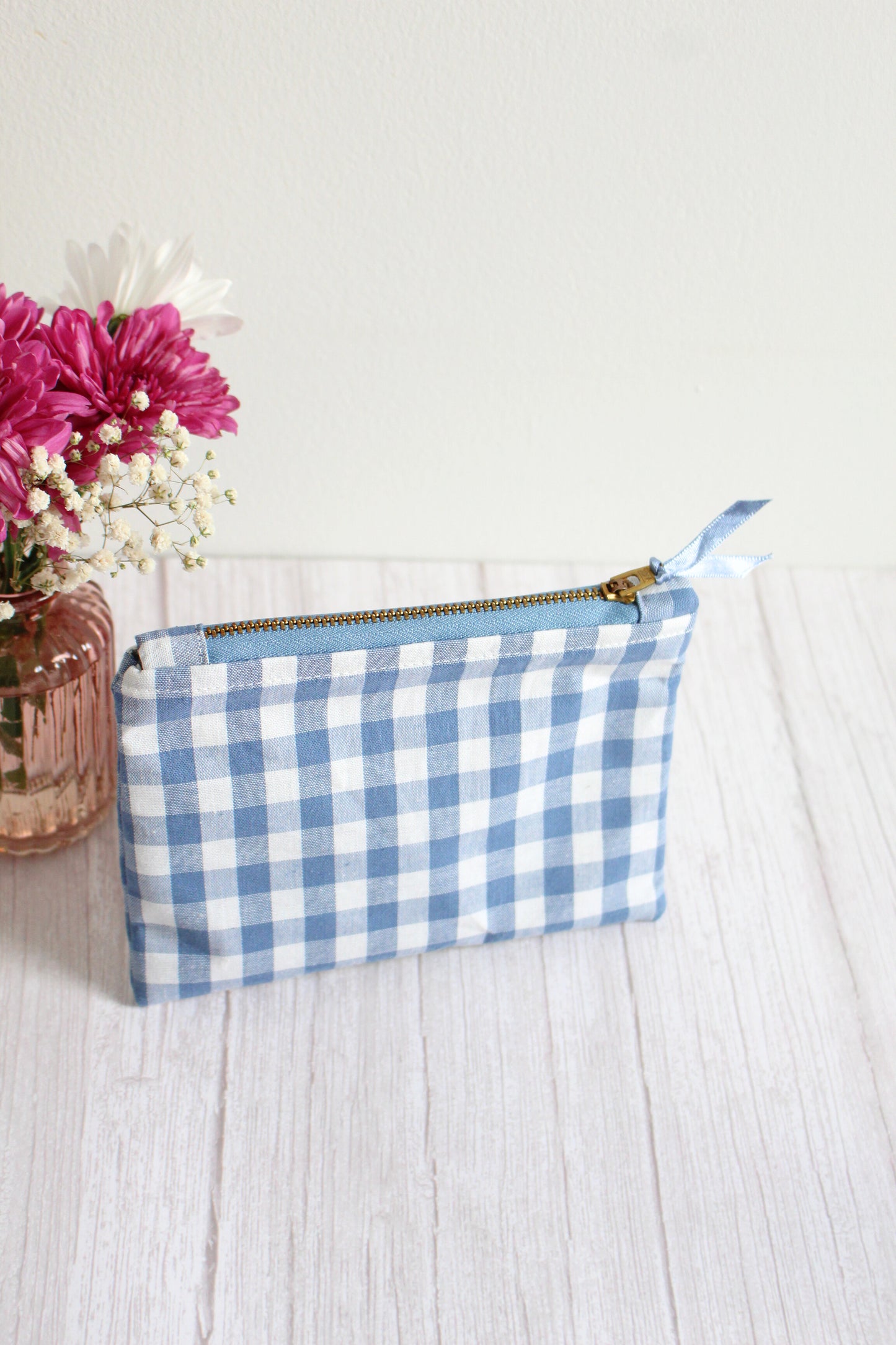Blue & White Gingham Zip Pouch
