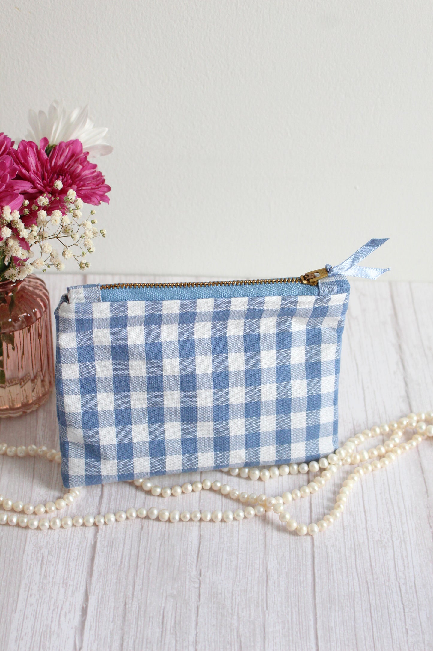Blue & White Gingham Zip Pouch