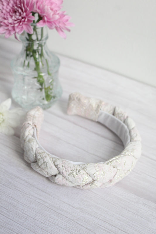 Tabitha Hairband - Pink, Cream & Gold Glitter Fabric Braided Hairband