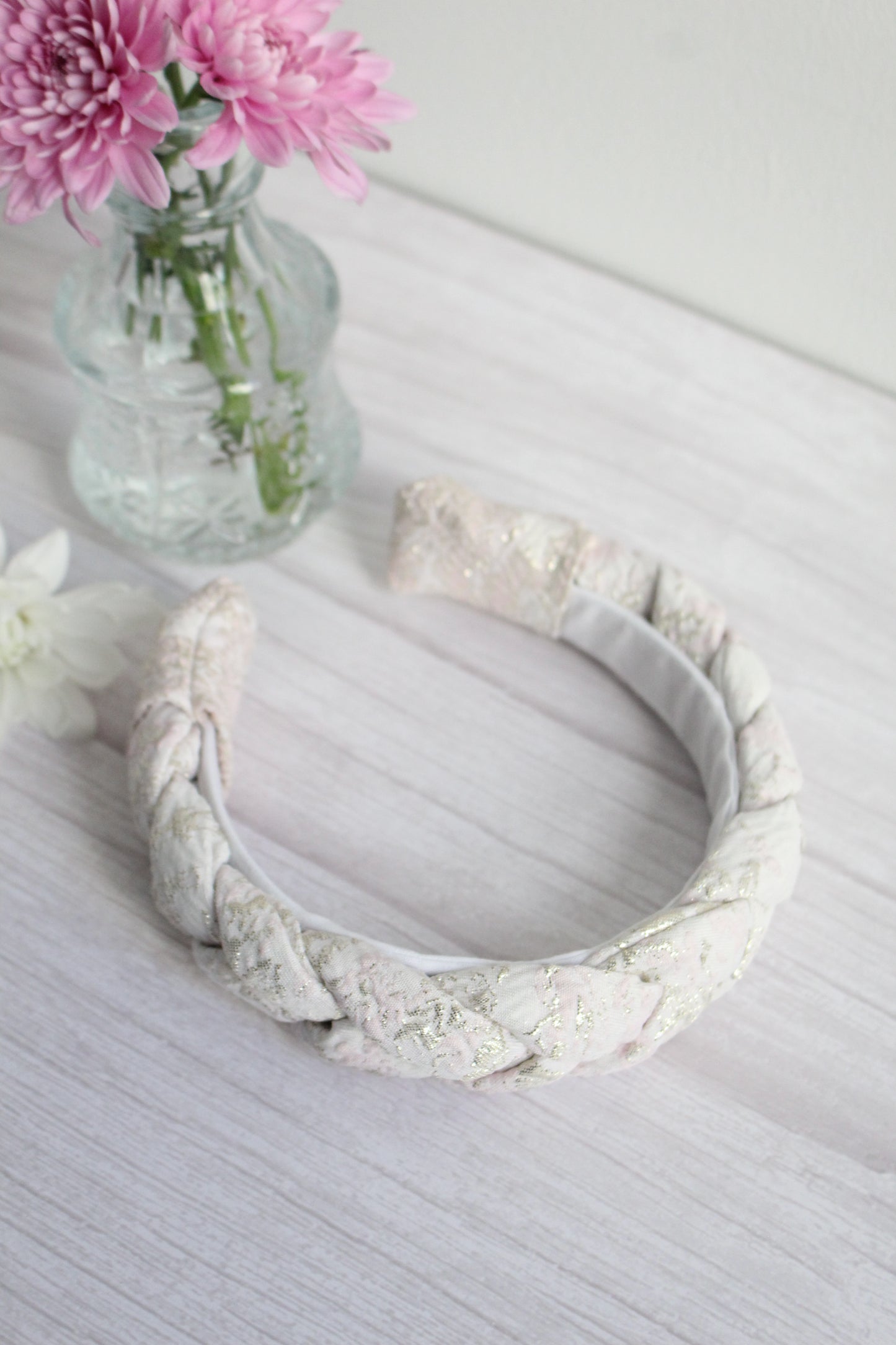 Tabitha Hairband - Pink, Cream & Gold Glitter Fabric Braided Hairband