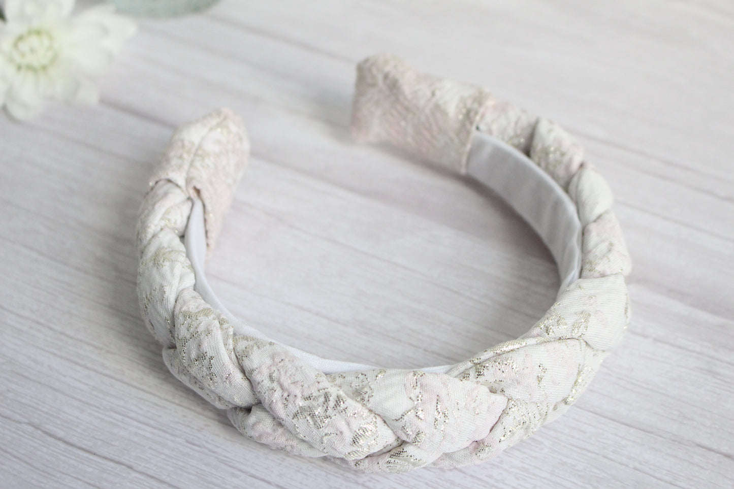 Tabitha Hairband - Pink, Cream & Gold Glitter Fabric Braided Hairband