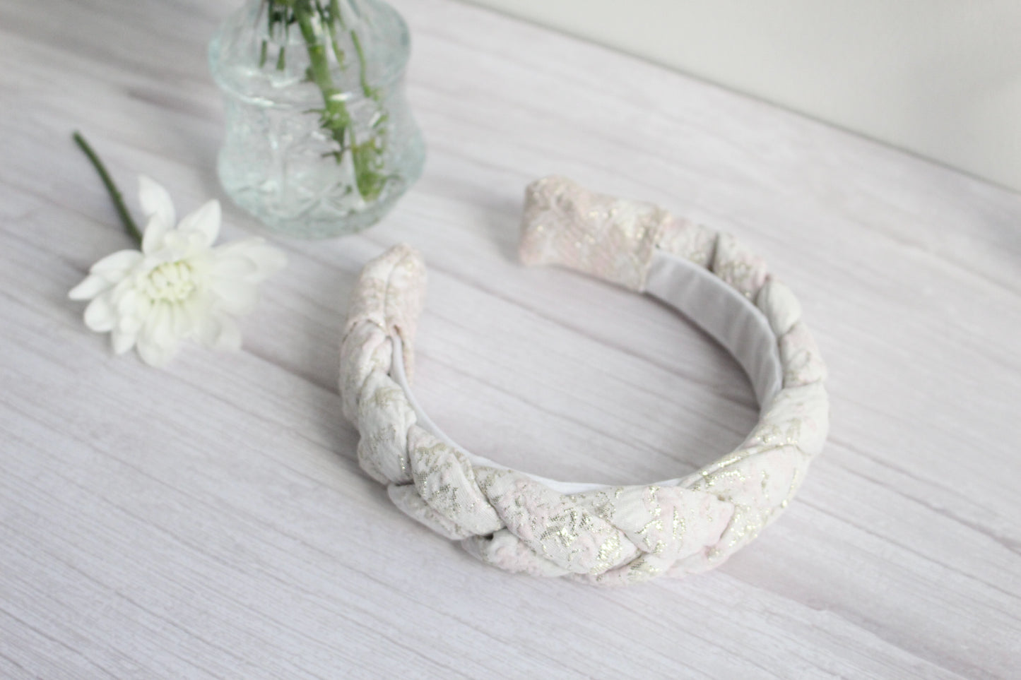 Tabitha Hairband - Pink, Cream & Gold Glitter Fabric Braided Hairband