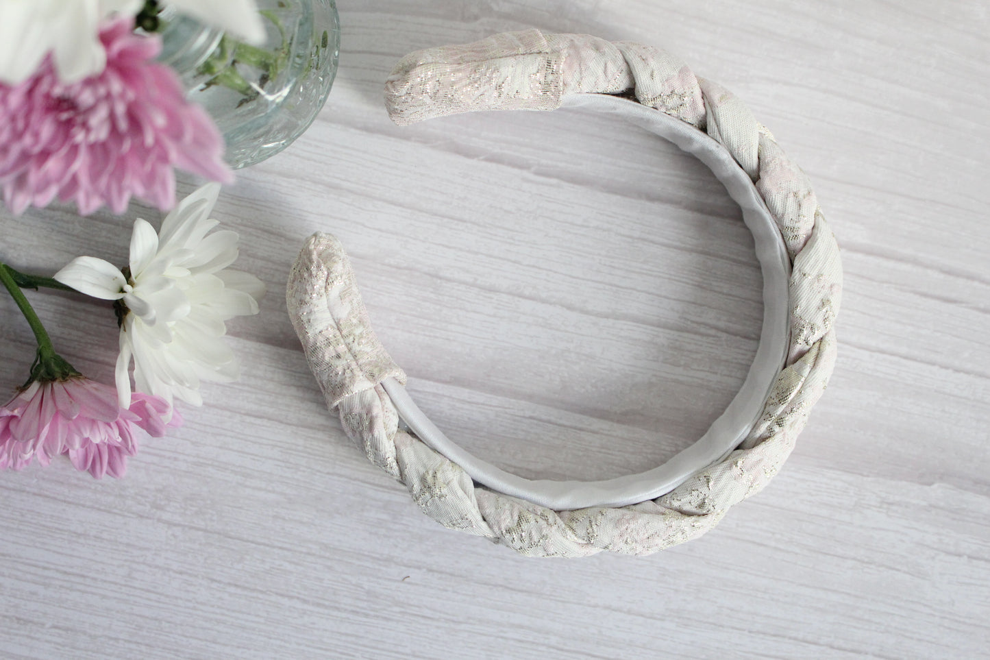 Tabitha Hairband - Pink, Cream & Gold Glitter Fabric Braided Hairband