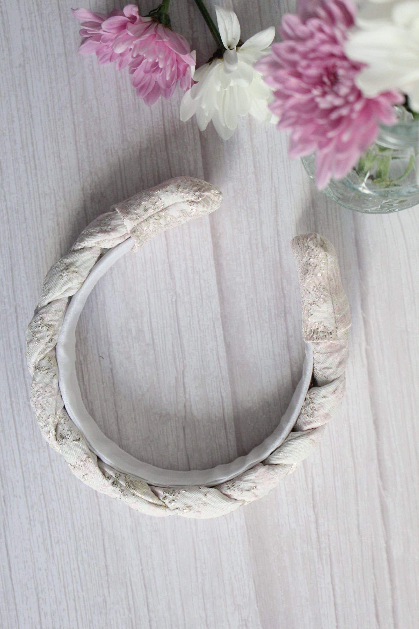 Tabitha Hairband - Pink, Cream & Gold Glitter Fabric Braided Hairband