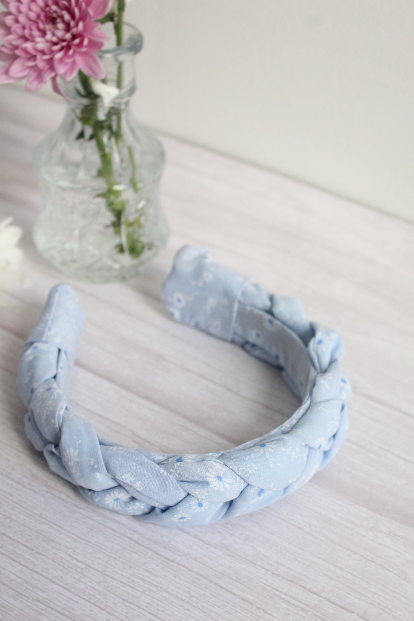 Tabitha Hairband - Pale Blue Ditsy Floral Fabric Braided Hairband