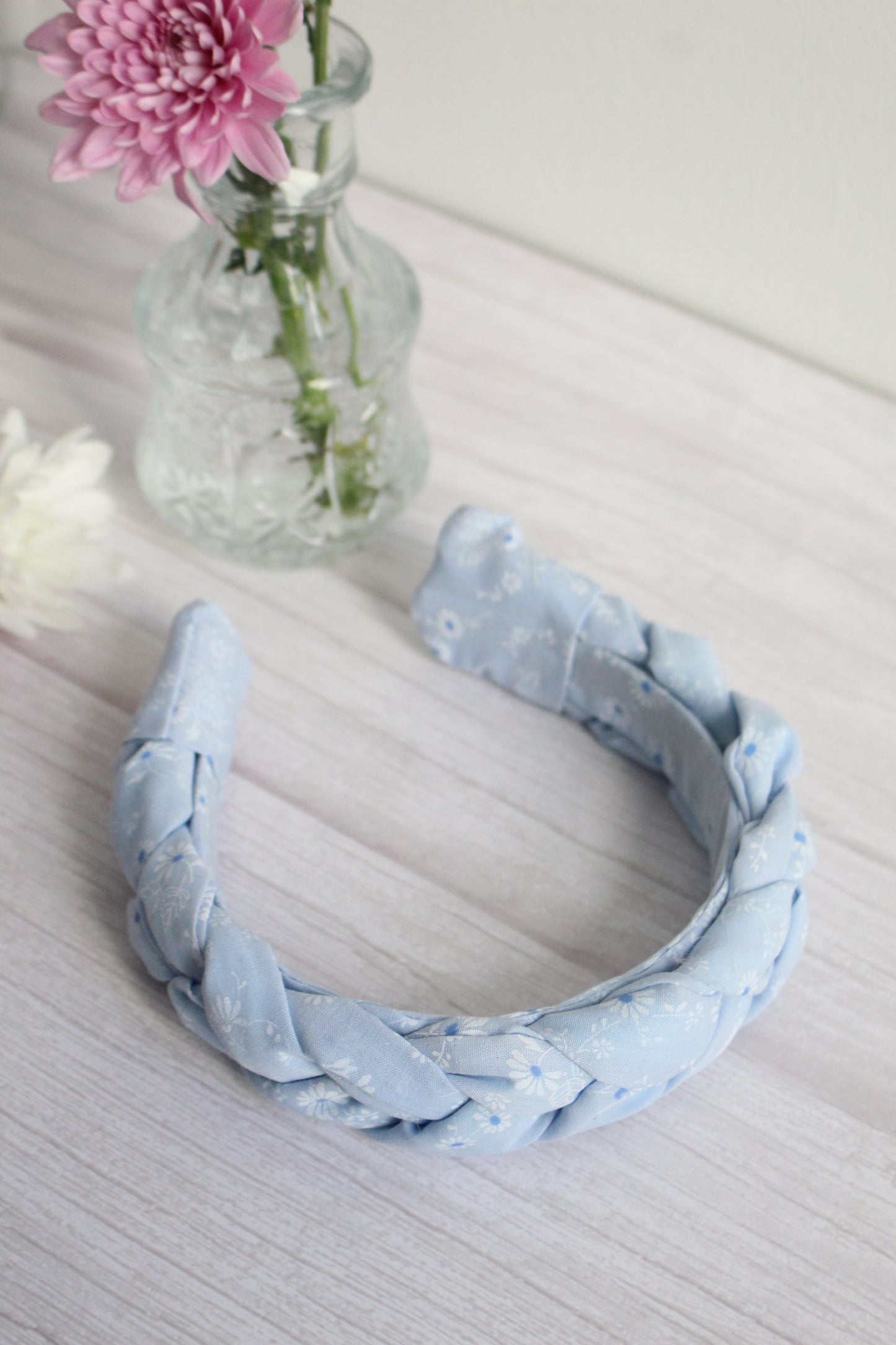 Tabitha Hairband - Pale Blue Ditsy Floral Fabric Braided Hairband