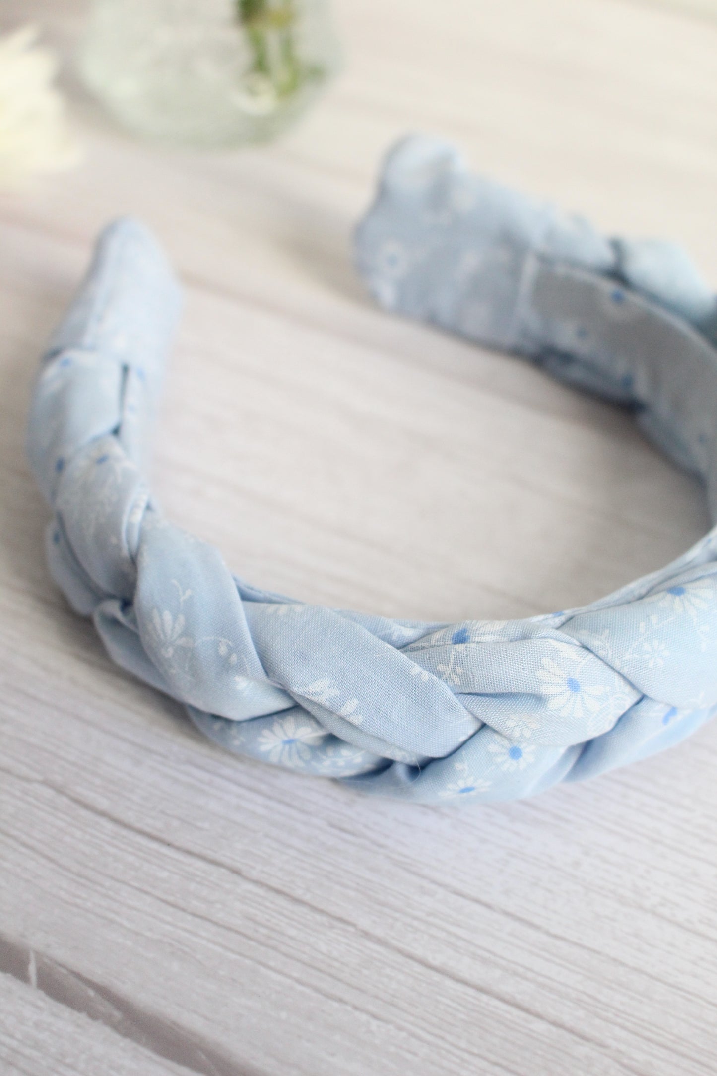 Tabitha Hairband - Pale Blue Ditsy Floral Fabric Braided Hairband