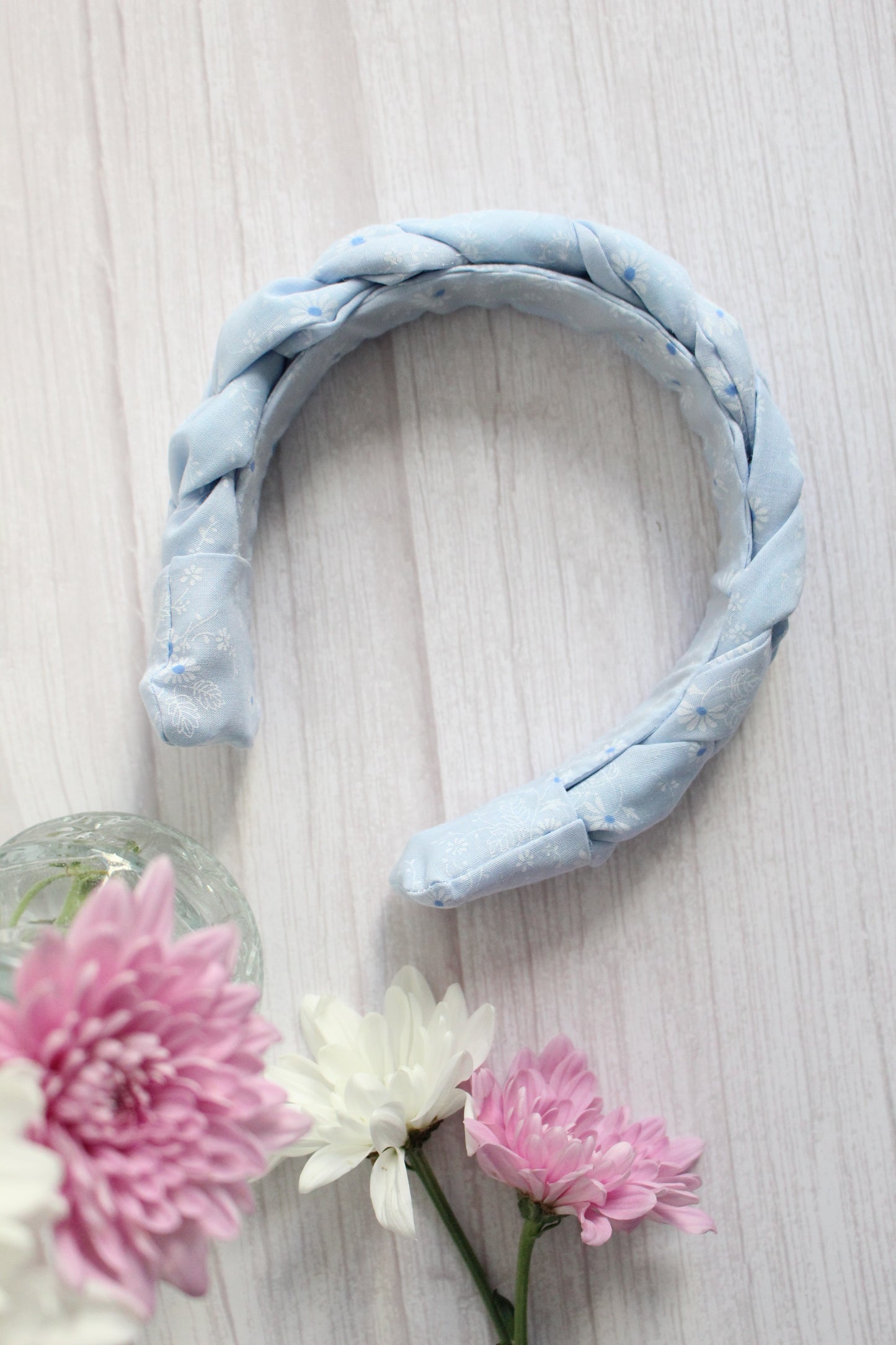 Tabitha Hairband - Pale Blue Ditsy Floral Fabric Braided Hairband