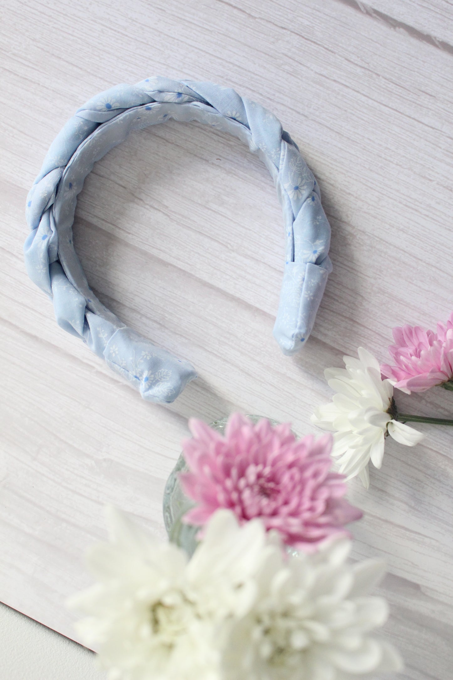 Tabitha Hairband - Pale Blue Ditsy Floral Fabric Braided Hairband