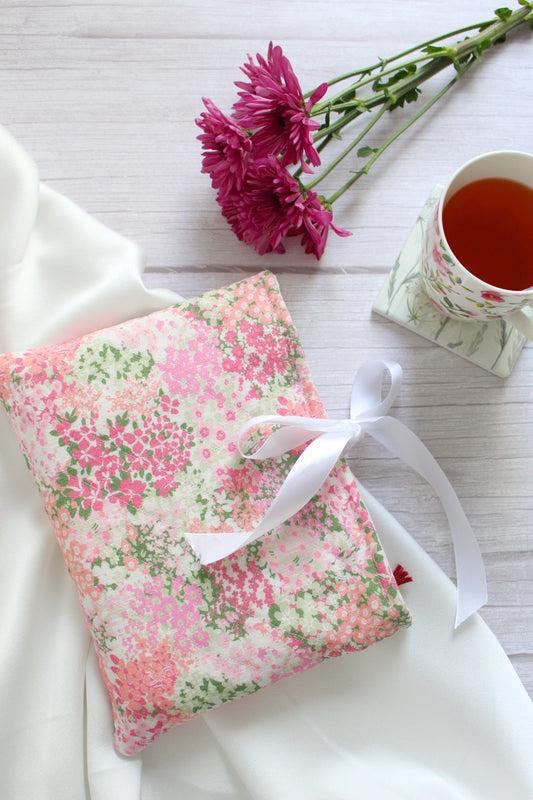 Pink Floral Fabric Quilted Book Sleeve with White Ribbon Closure
