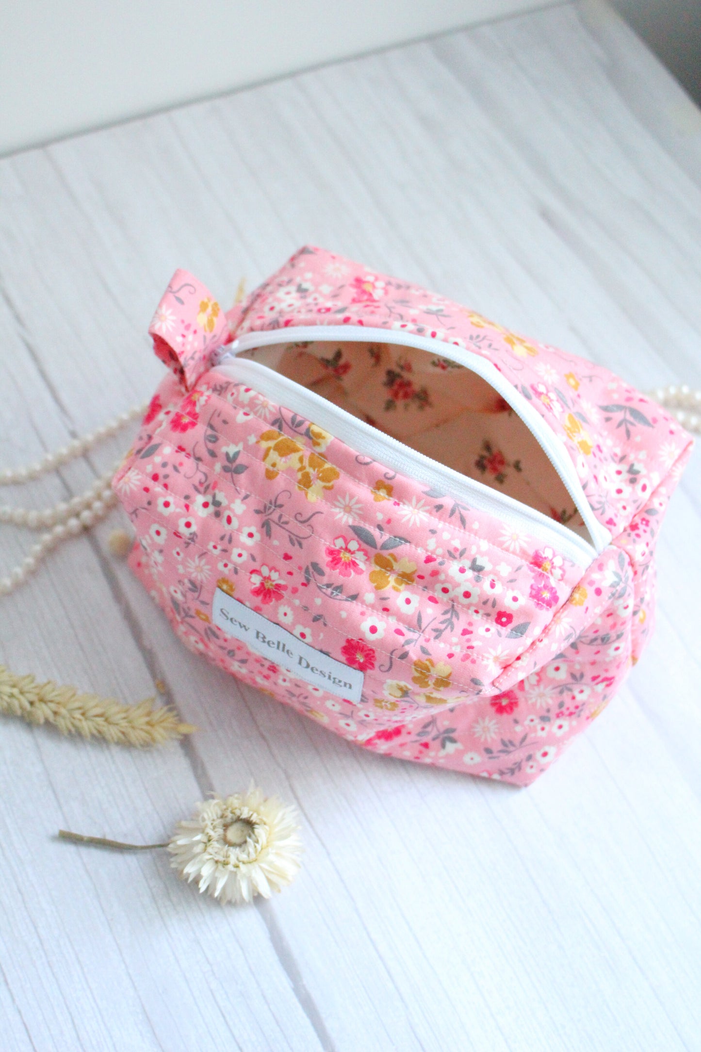 Miriam Quilted Zip Bag - Pink Floral Pattern