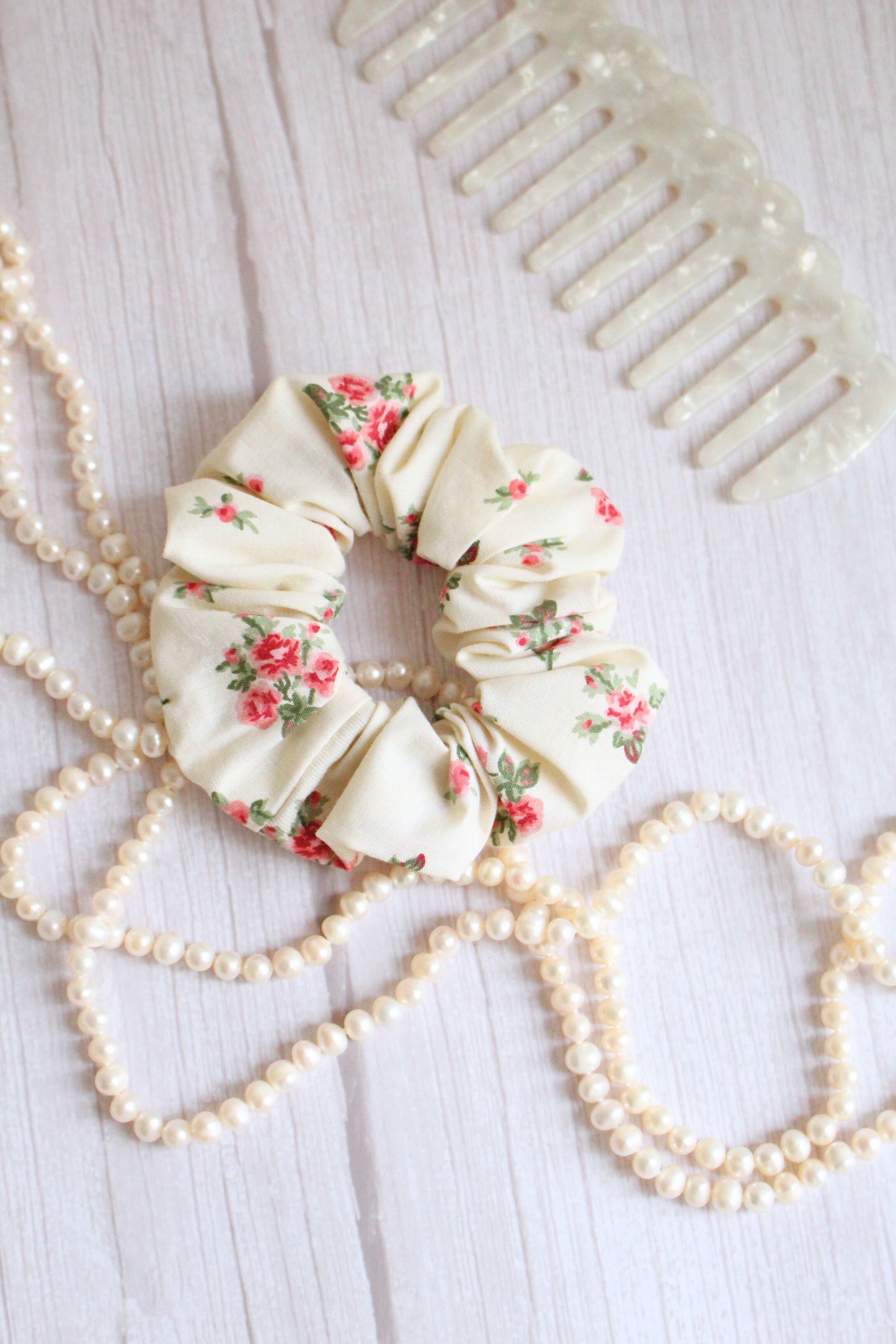 Pink & Cream Floral Fabric Hair Scrunchie