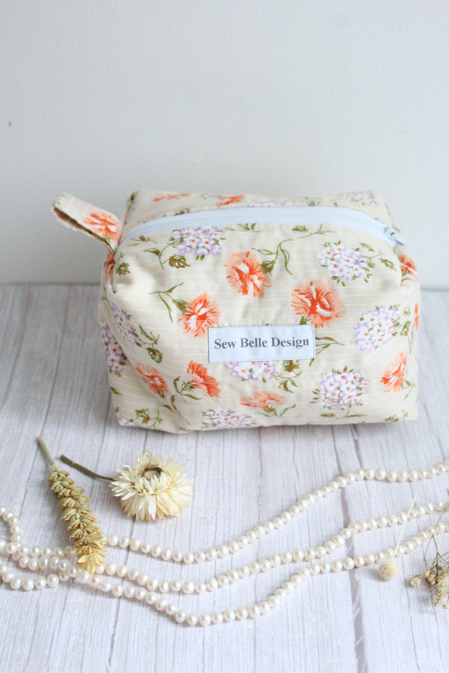 Miriam Quilted Zip Bag - Carnation & Hydrangea Cream Fabric