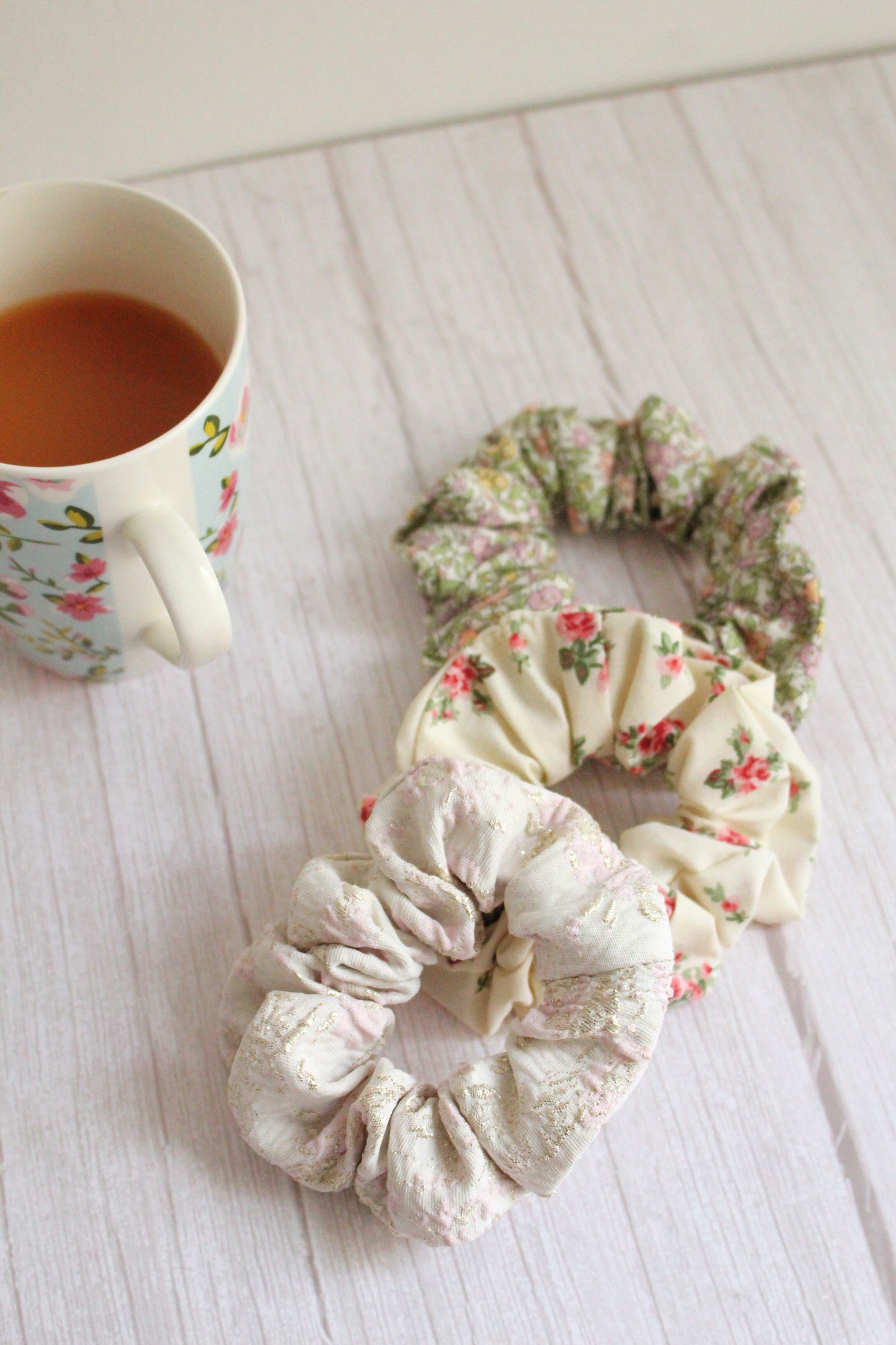 Pink & Cream Floral Fabric Hair Scrunchie