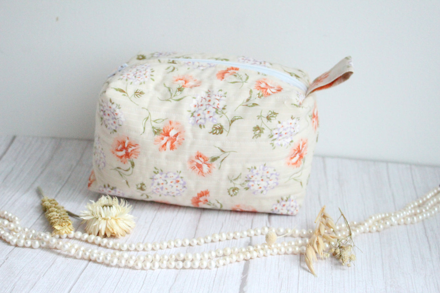 Miriam Quilted Zip Bag - Carnation & Hydrangea Cream Fabric