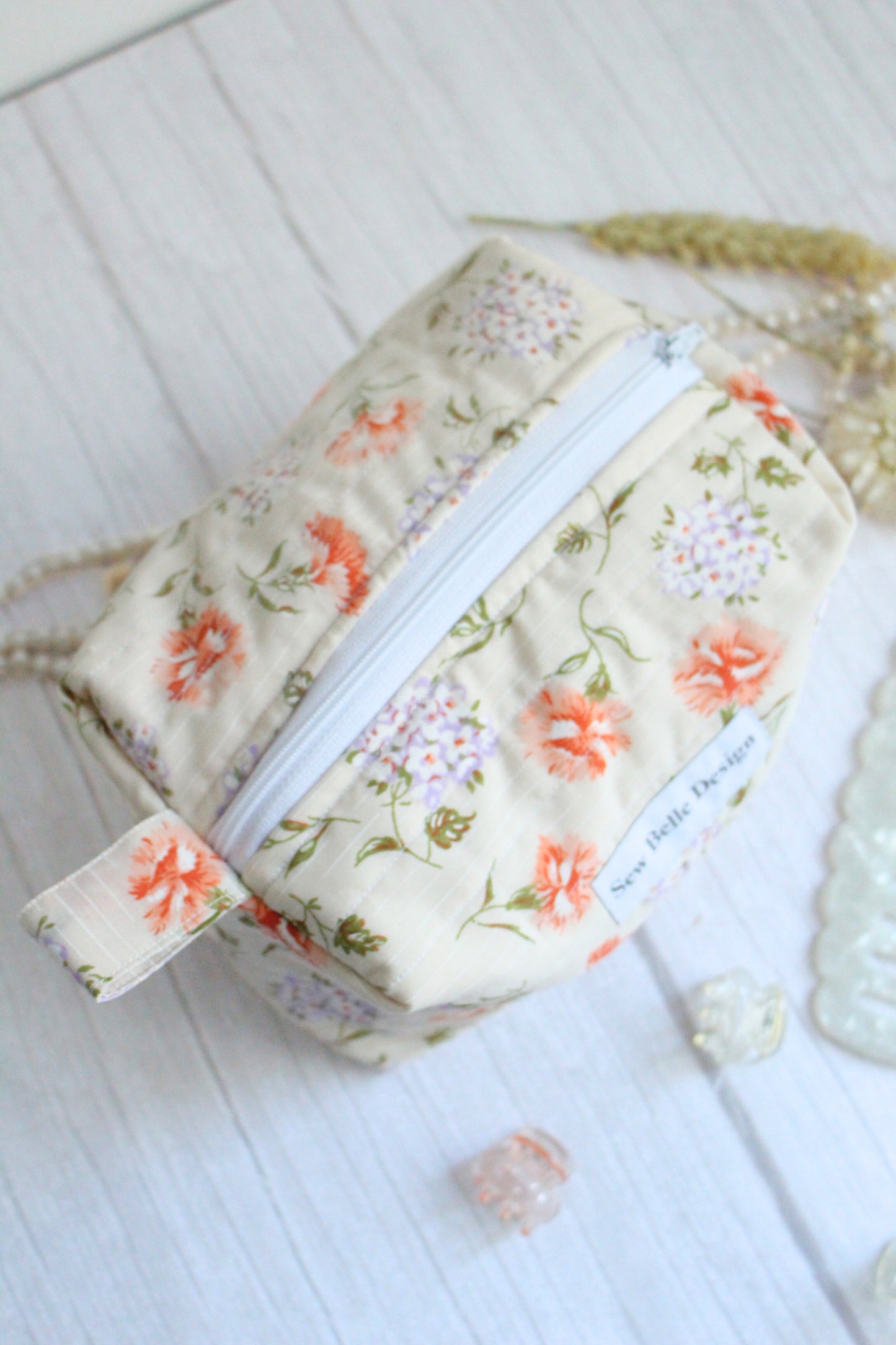 Miriam Quilted Zip Bag - Carnation & Hydrangea Cream Fabric