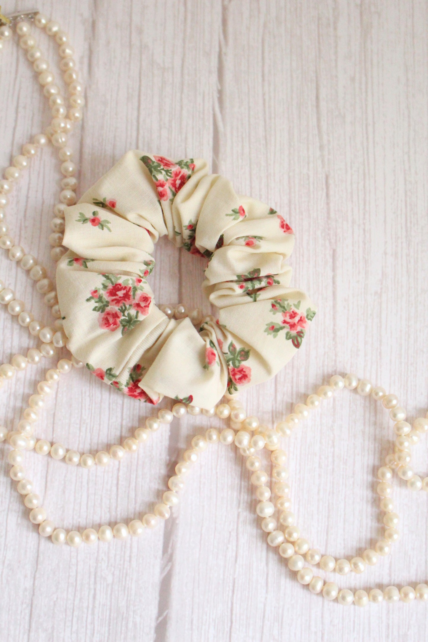 Pink & Cream Floral Fabric Hair Scrunchie