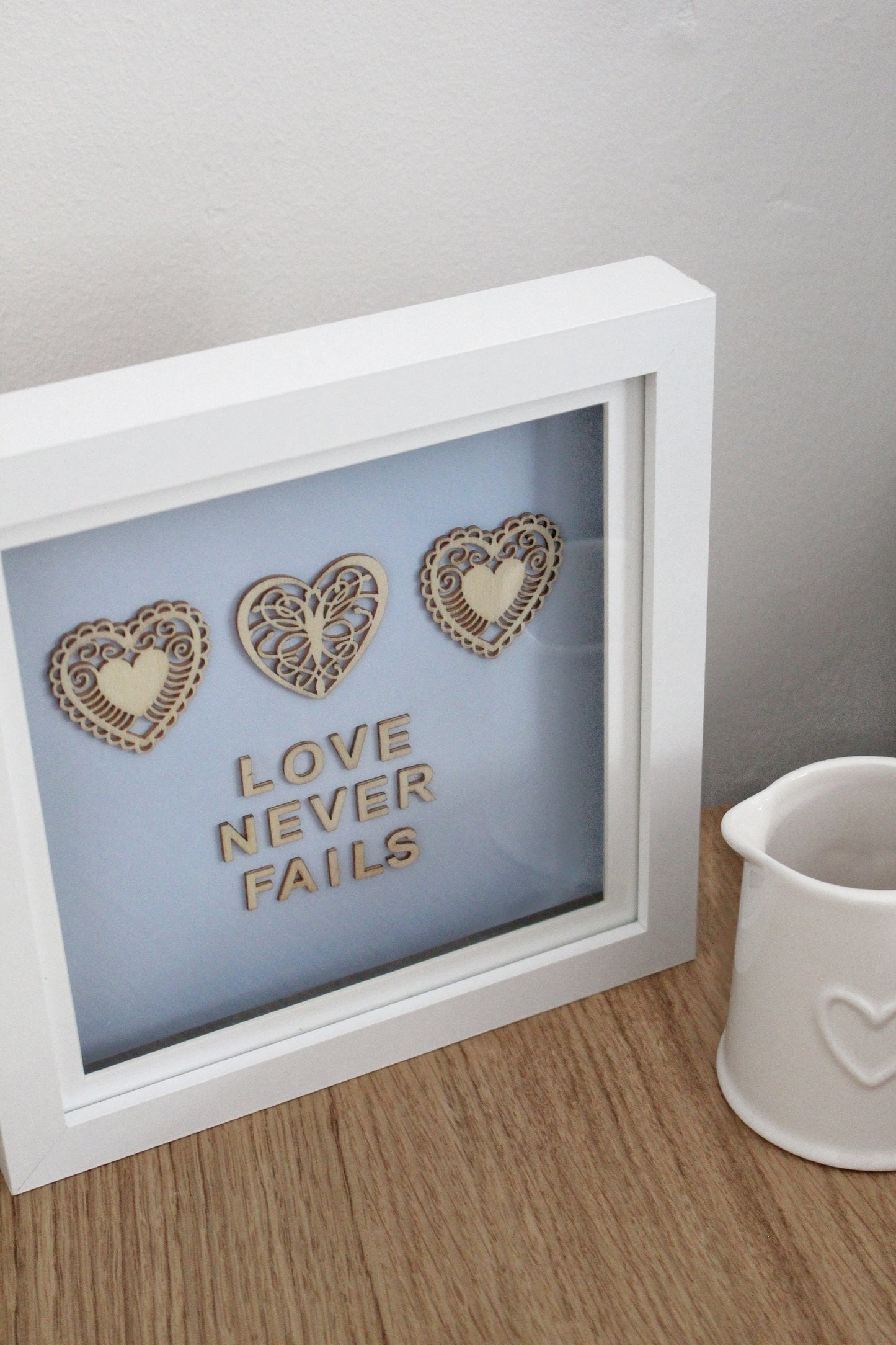 Love Never Fails Box Frame Gift - Light Blue