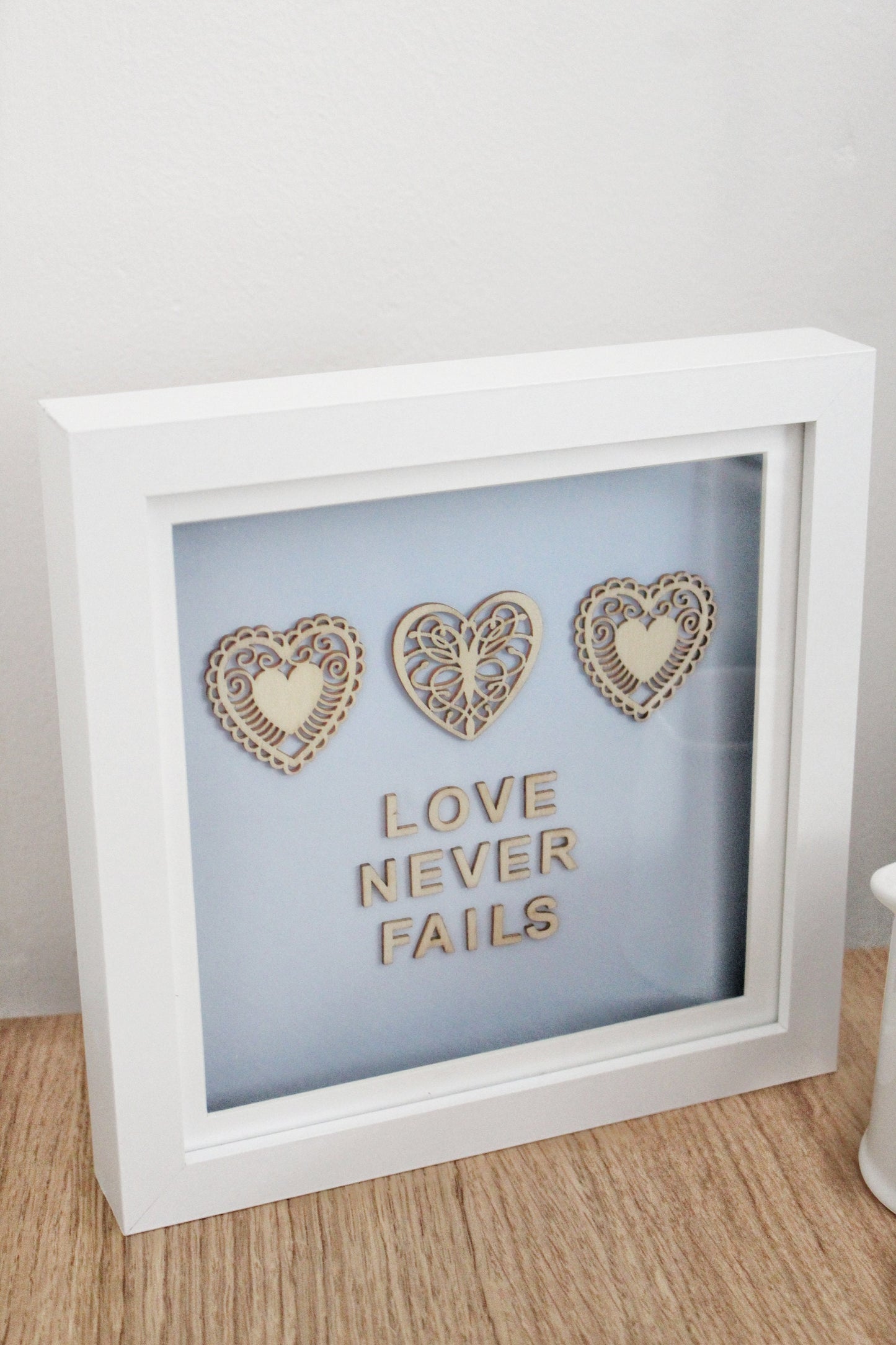 Love Never Fails Box Frame Gift - Light Blue